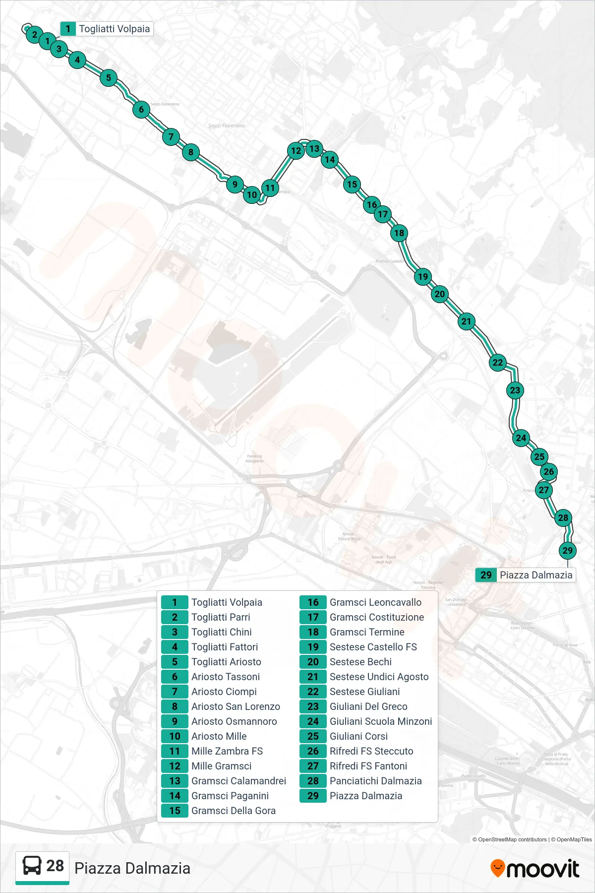 Linea 28  bus (Piazza Dalmazia) - Percorsi e fermate sulla mappa