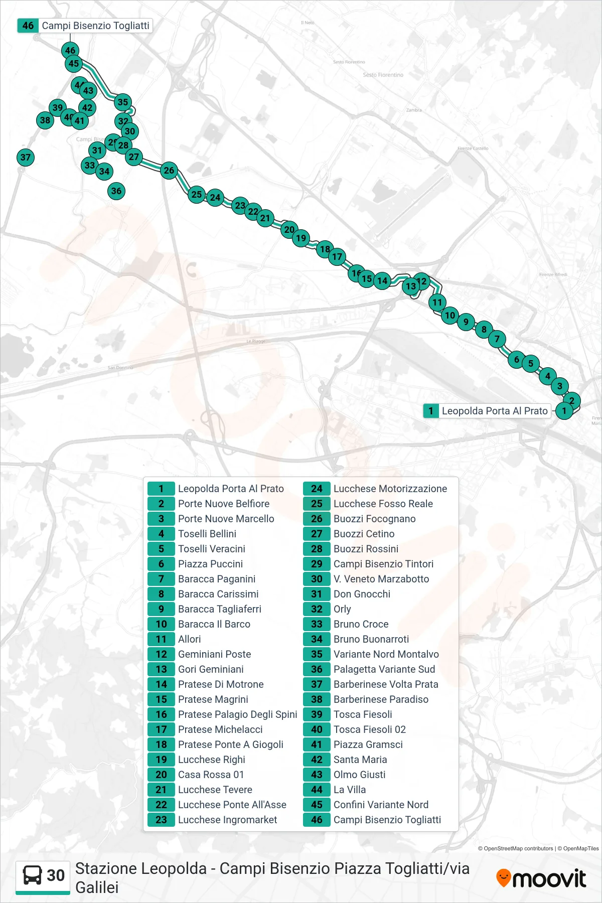 Linea 30 bus (Campi Bisenzio Togliatti) - Percorsi e fermate sulla mappa