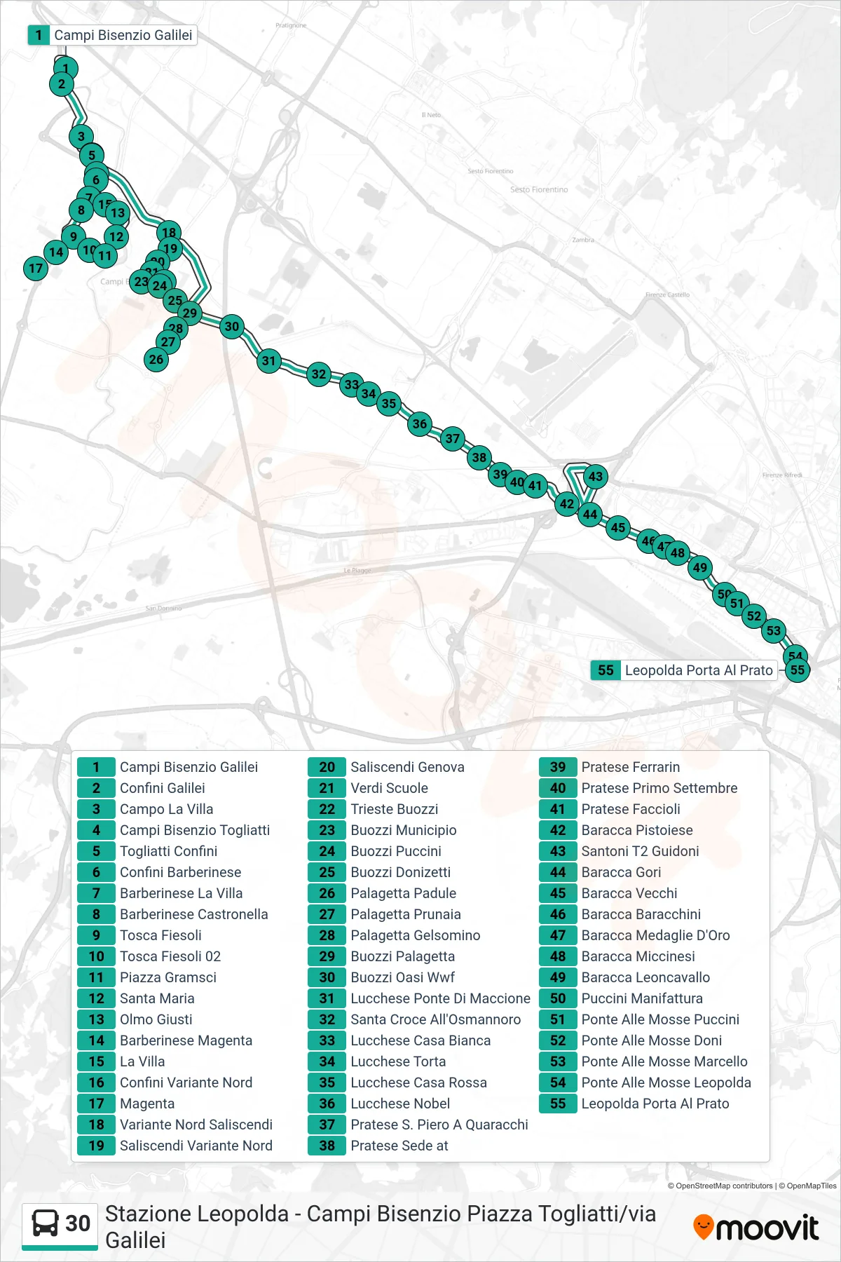 Linea 30  bus (Leopolda Porta Al Prato) - Percorsi e fermate sulla mappa