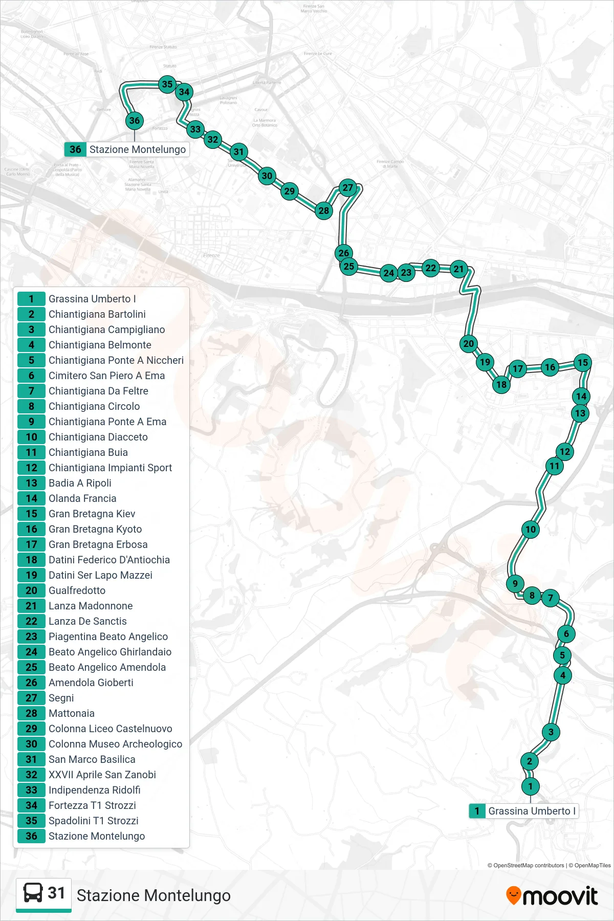 Linea 31 bus (Stazione Montelungo) - Percorsi e fermate sulla mappa