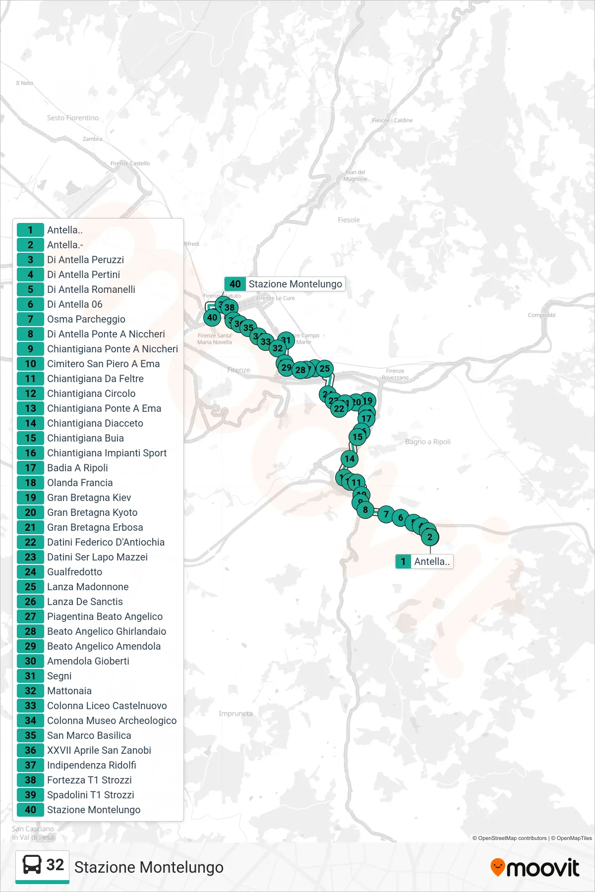 Linea 32 bus (Stazione Montelungo) - Percorsi e fermate sulla mappa