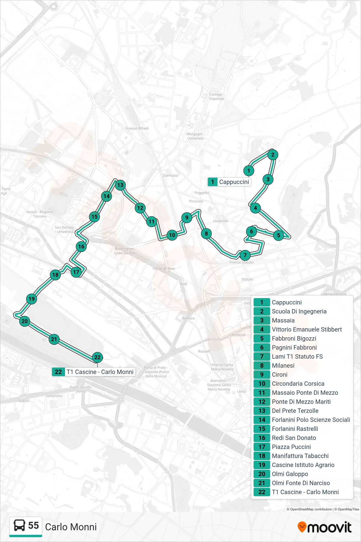 Linea 55 bus (Carlo Monni) - Percorsi e fermate sulla mappa