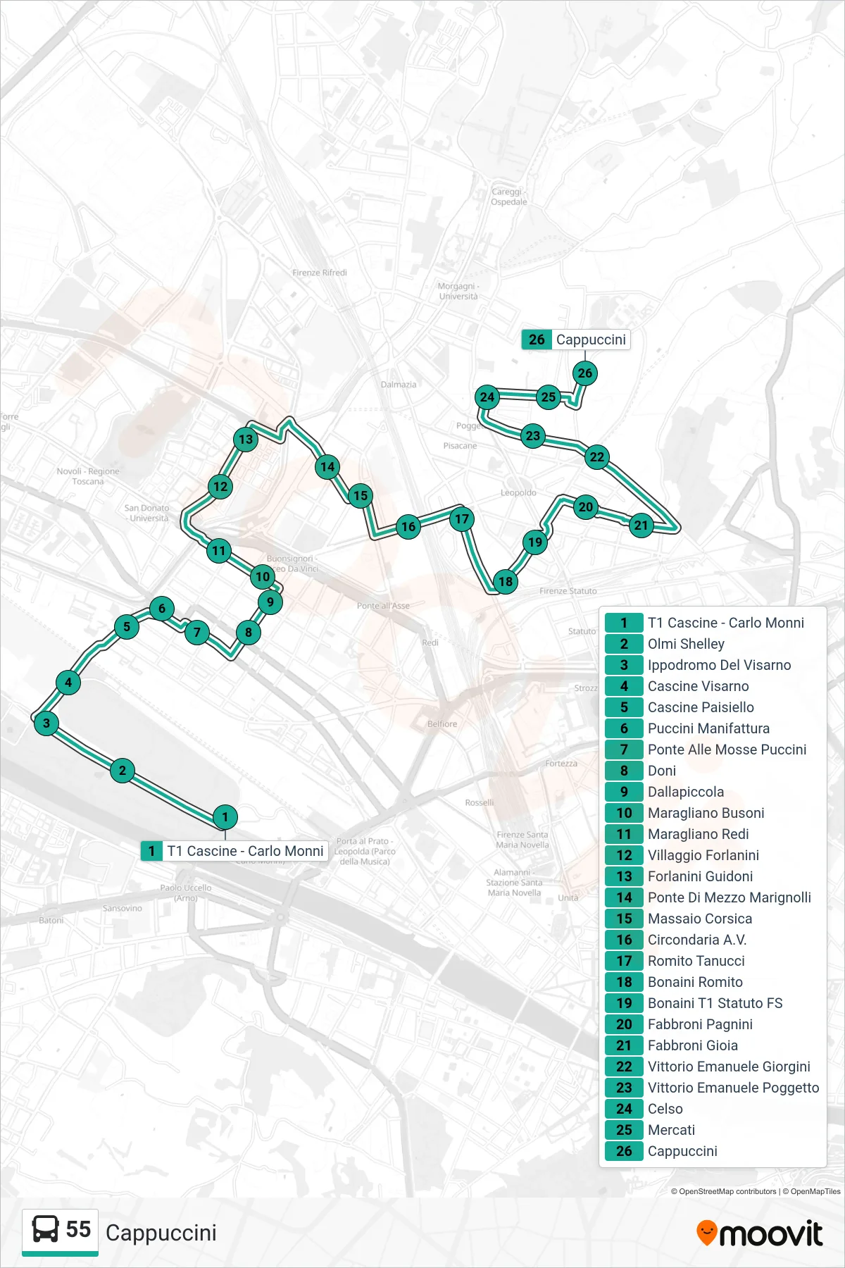 Linea 55 bus (Cappuccini) - Percorsi e fermate sulla mappa