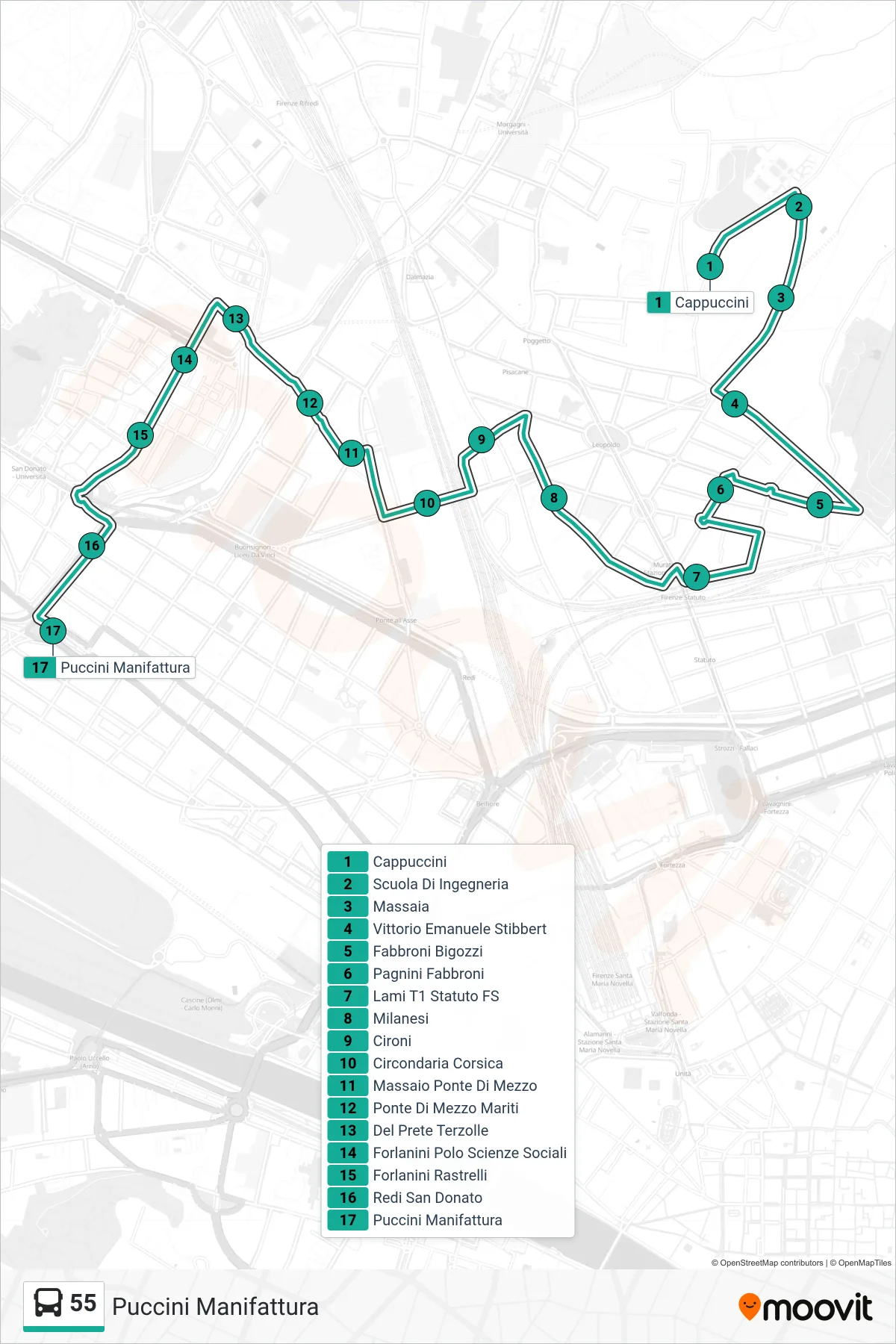Linea 55 bus (Puccini Manifattura) - Percorsi e fermate sulla mappa