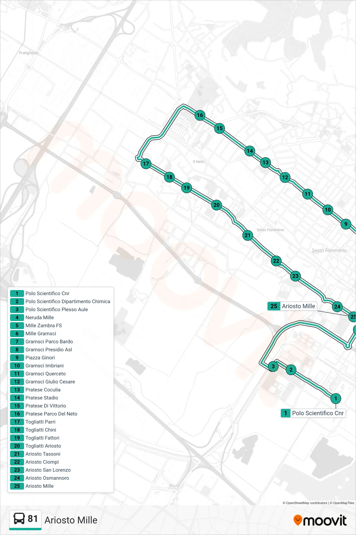 Linea 81 bus (Ariosto Mille) - Percorsi e fermate sulla mappa