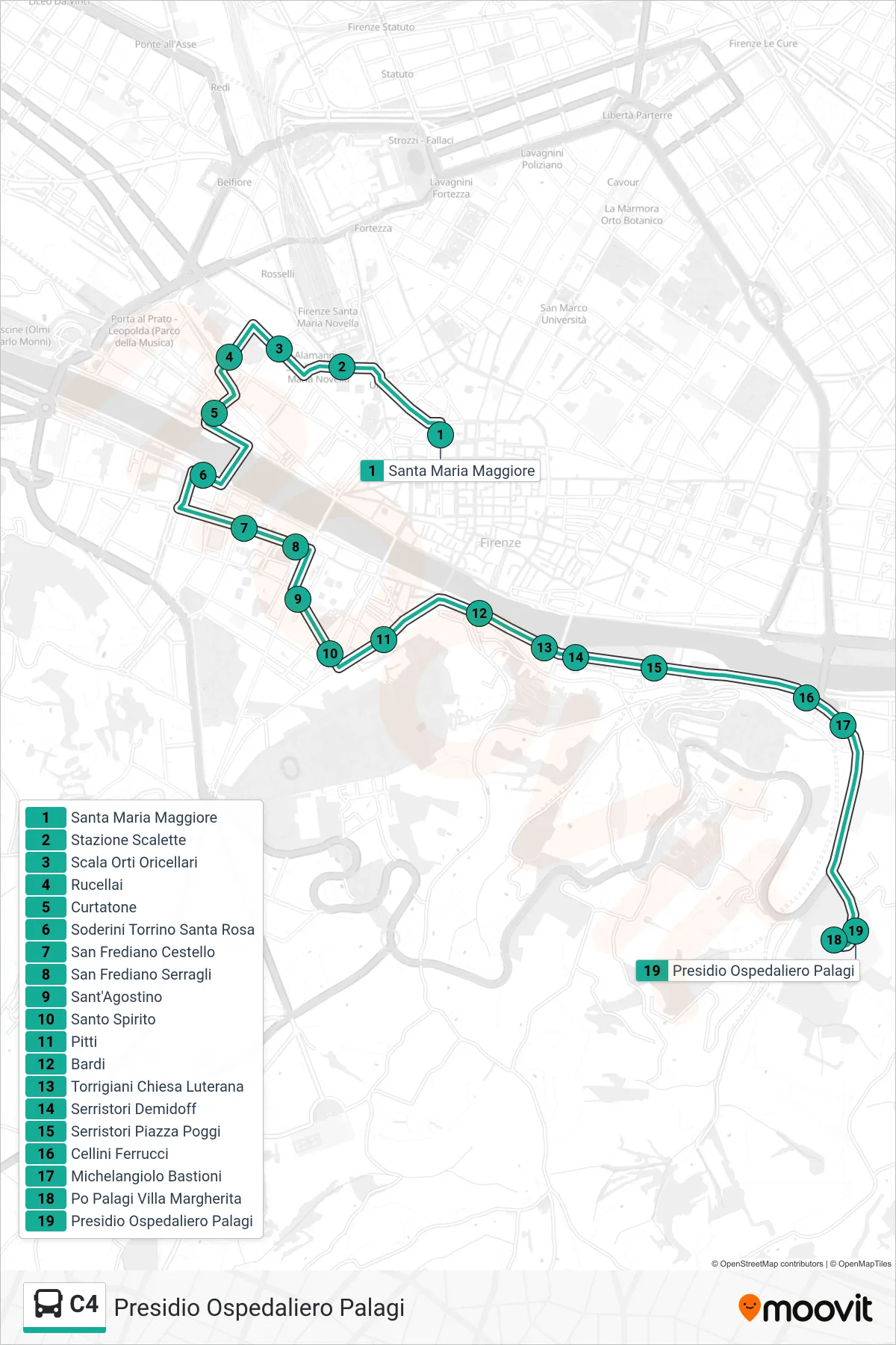 Linea C4 bus (Presidio Ospedaliero Palagi) - Percorsi e fermate sulla mappa