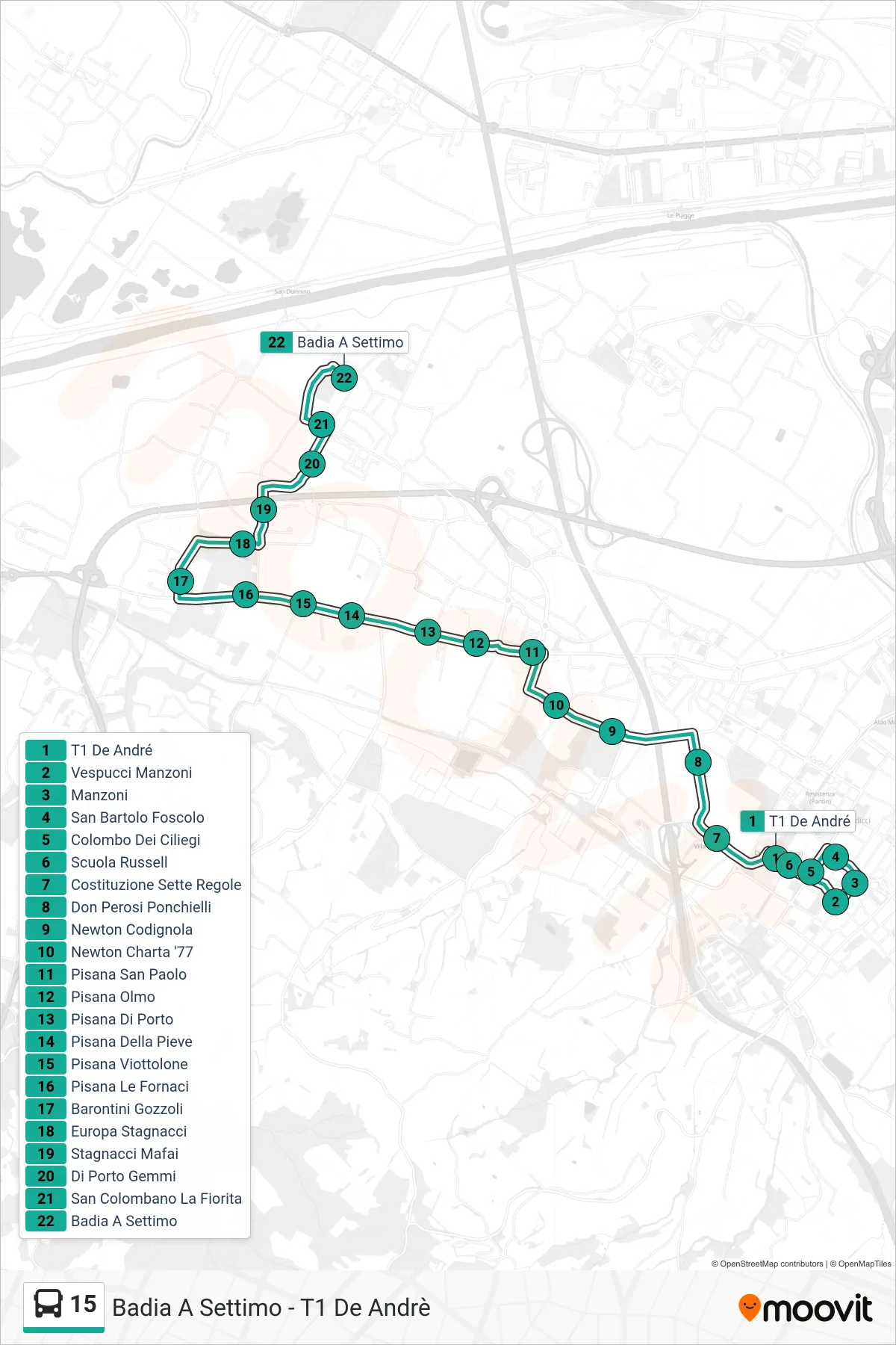 Linea 15 tram (Badia A Settimo) - Percorsi e fermate sulla mappa