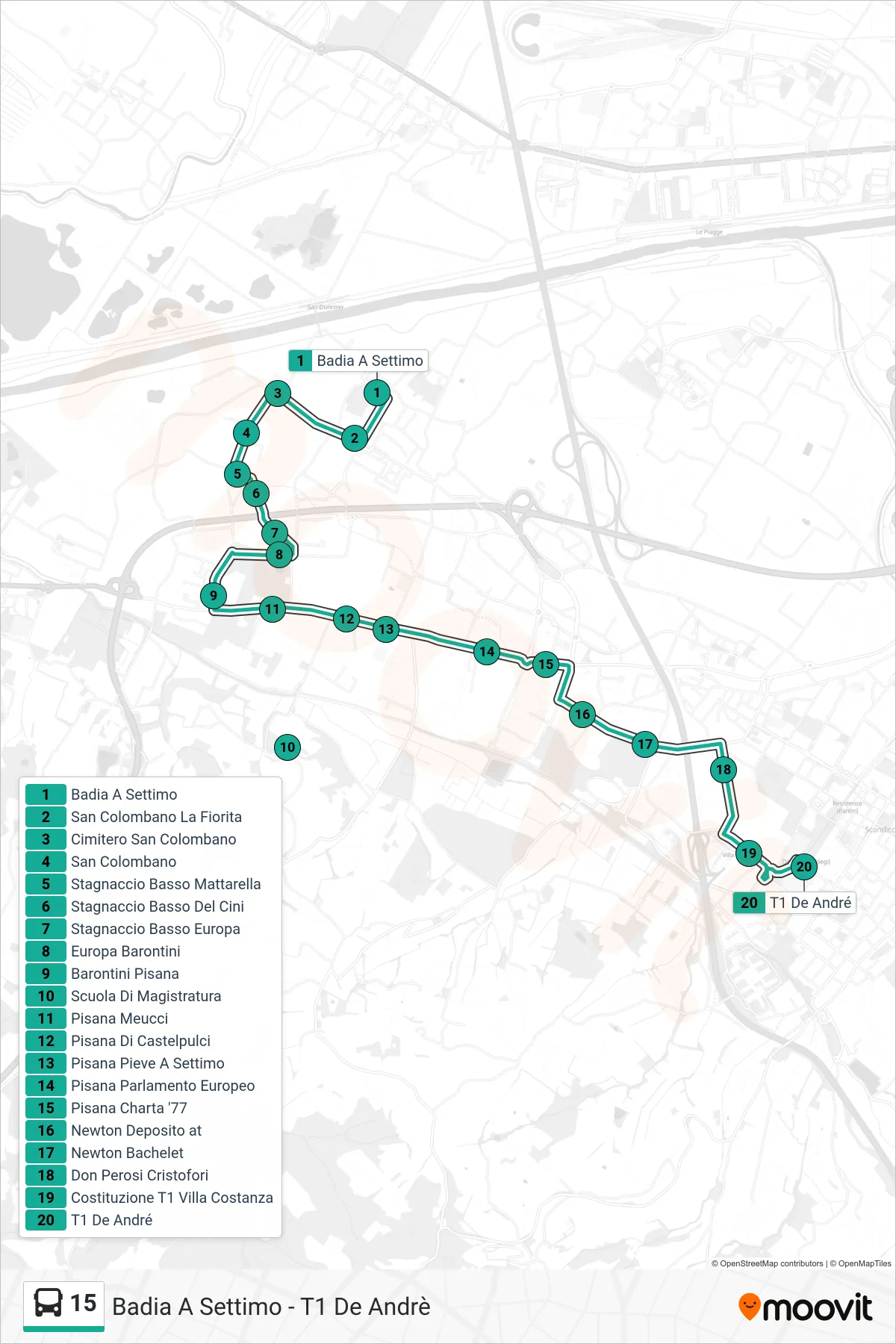 Linea 15 tram (T1 De André) - Percorsi e fermate sulla mappa