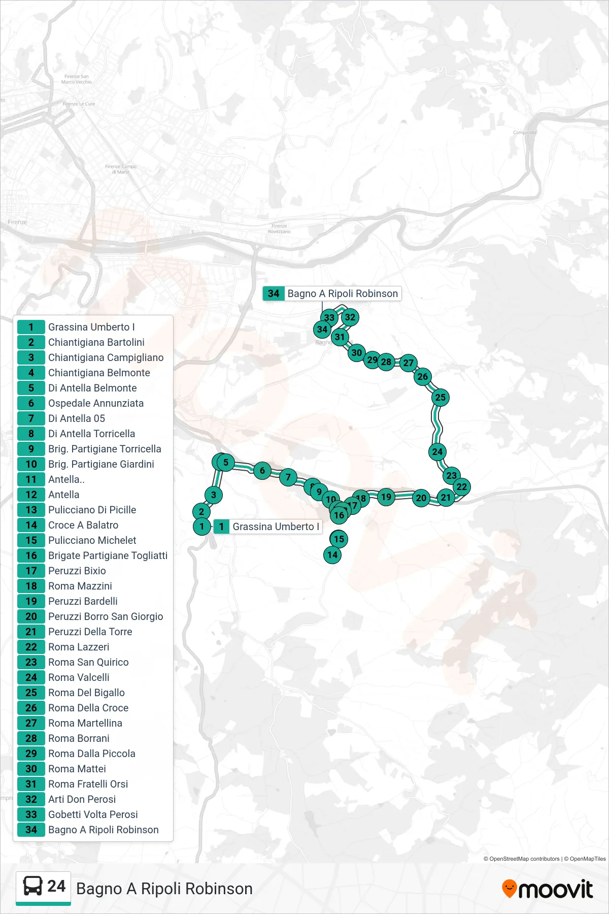 Linea 24 tram (Bagno A Ripoli Robinson) - Percorsi e fermate sulla mappa
