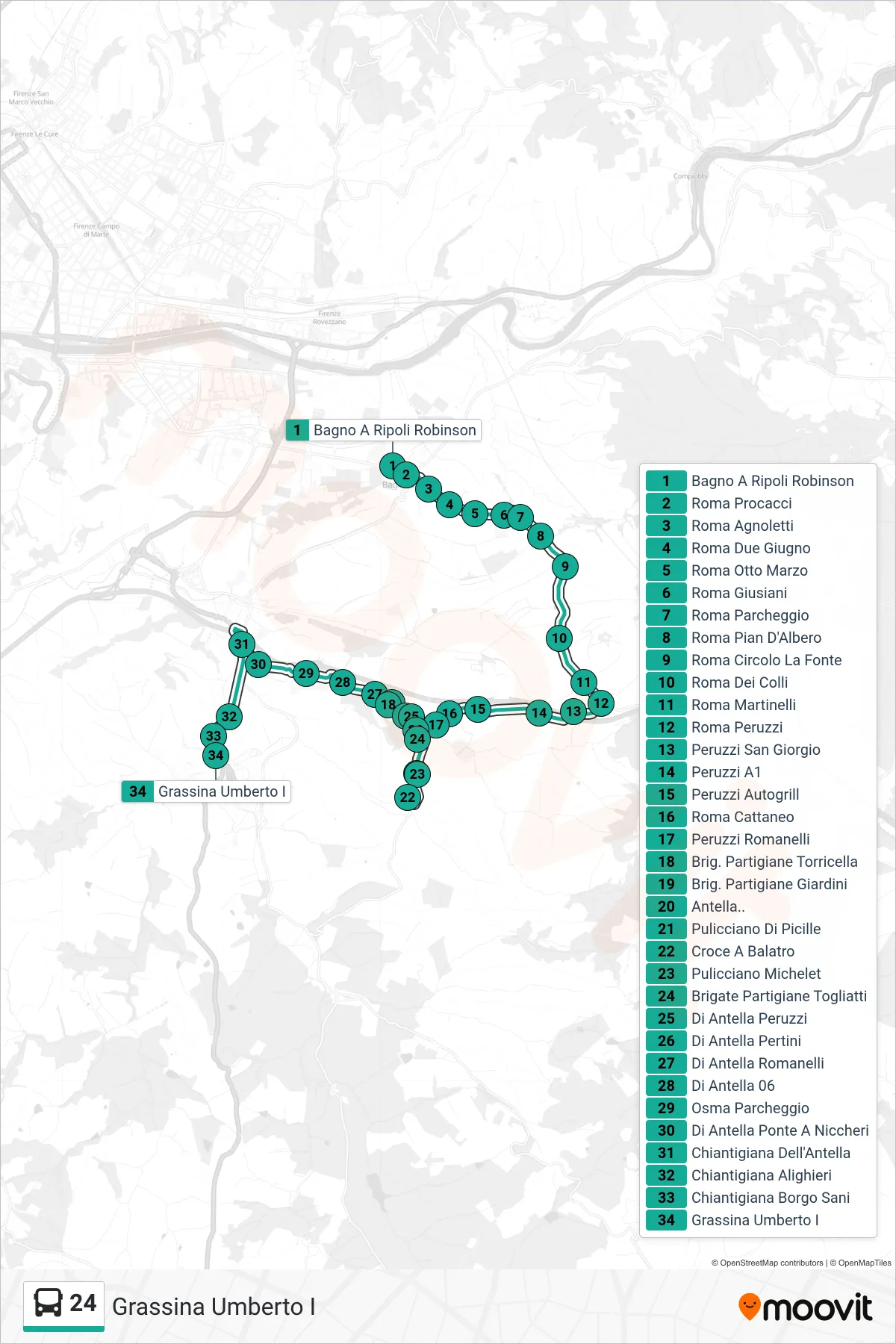 Linea 24 tram (Grassina Umberto I) - Percorsi e fermate sulla mappa
