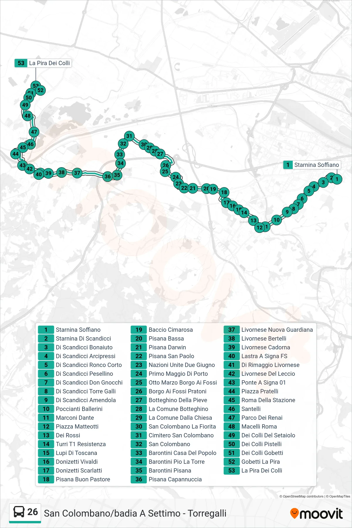 Linea 26 tram (La Pira Dei Colli) - Percorsi e fermate sulla mappa