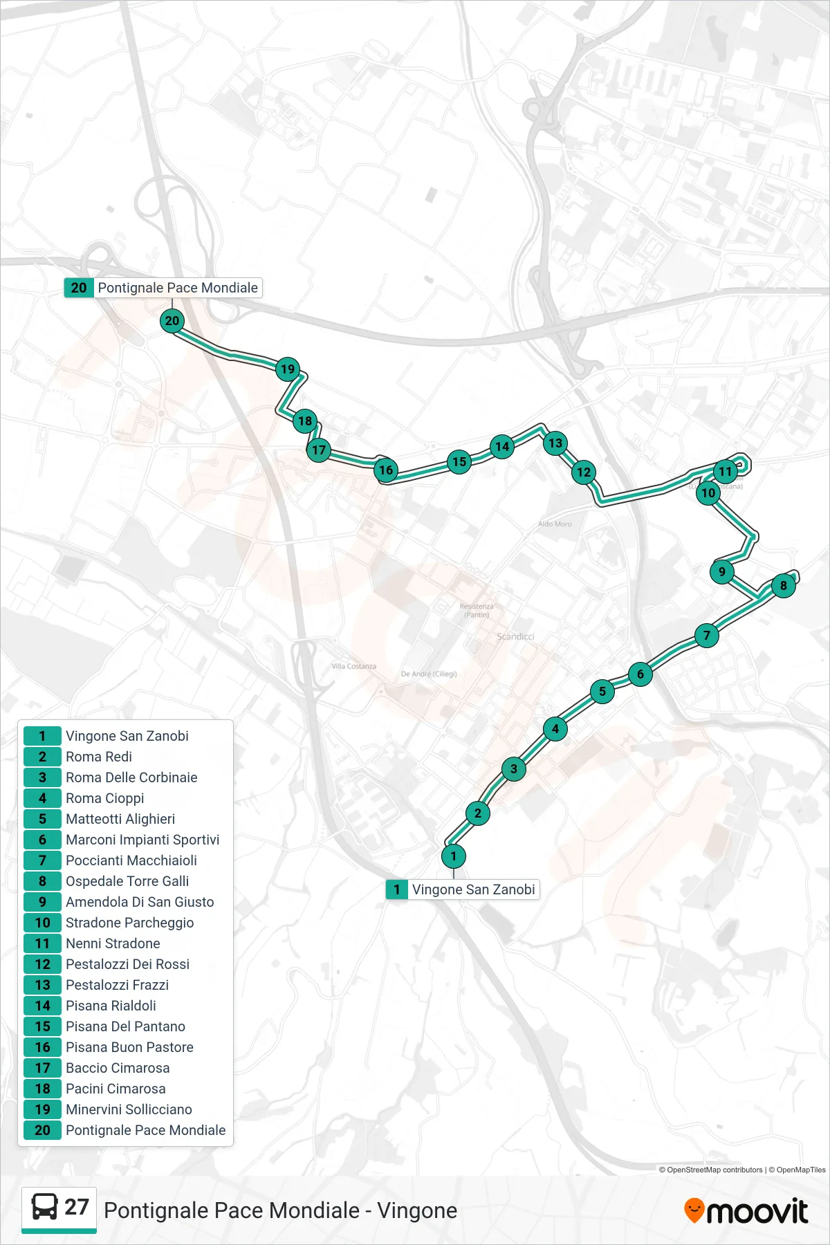 Linea 27  tram (Pontignale Pace Mondiale) - Percorsi e fermate sulla mappa