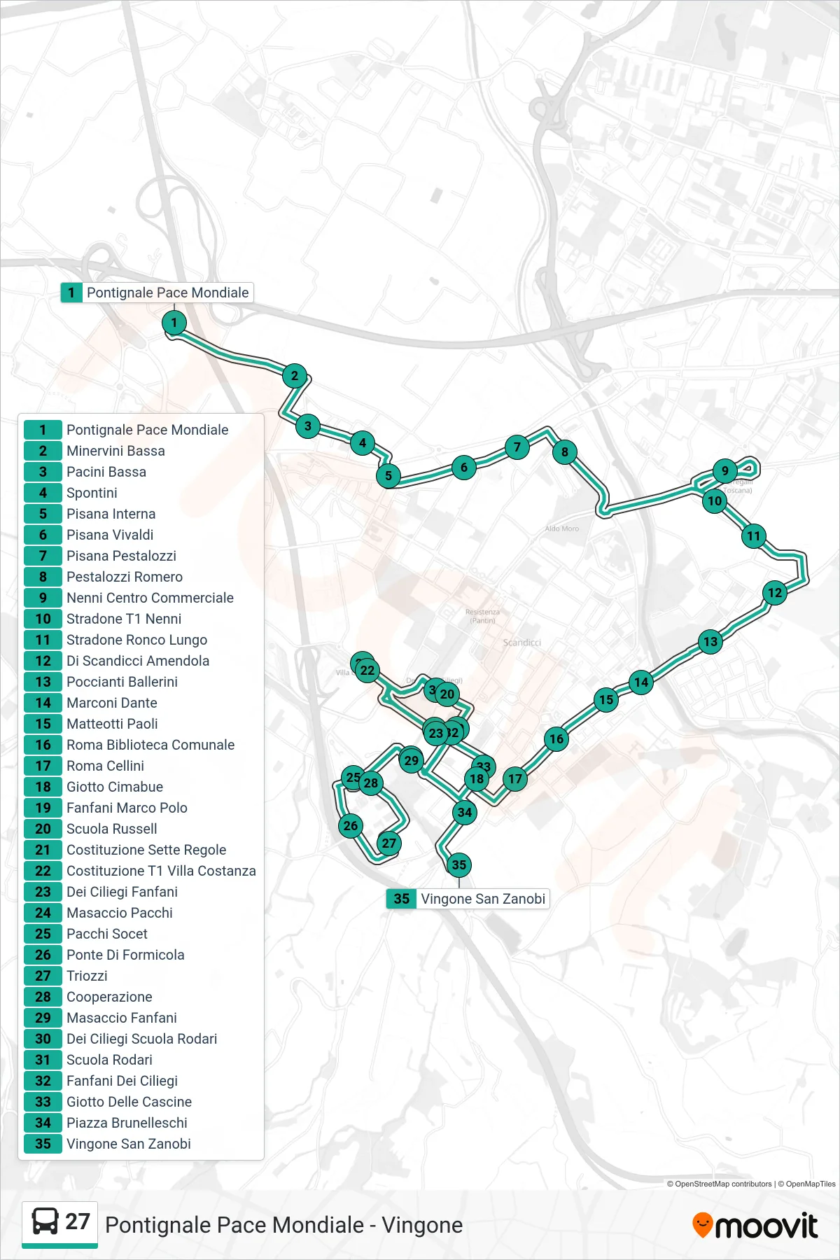 Linea 27  tram (Vingone San Zanobi) - Percorsi e fermate sulla mappa