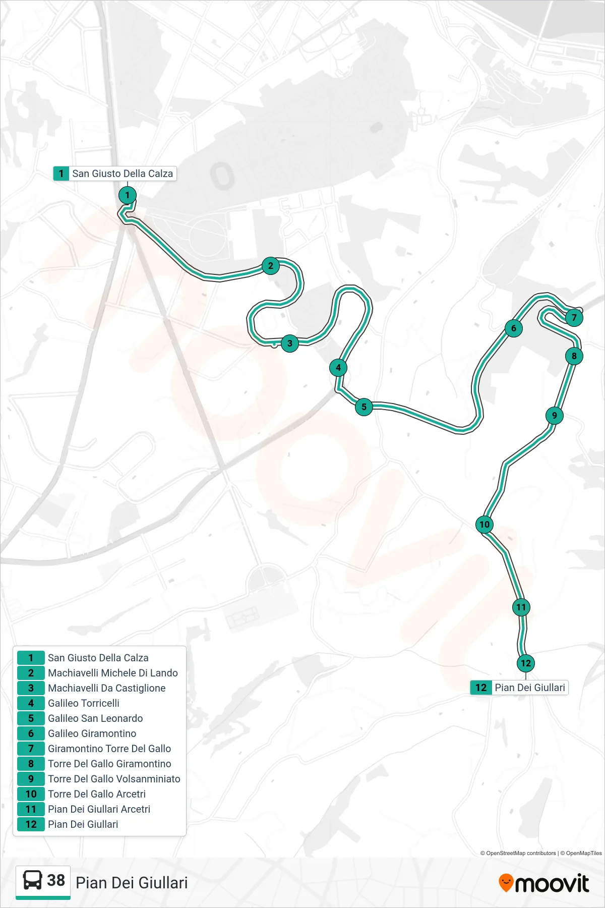 Linea 38 tram (Pian Dei Giullari) - Percorsi e fermate sulla mappa