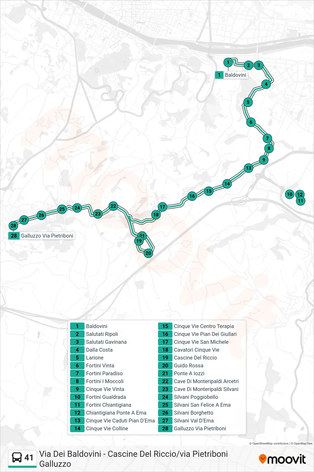 Linea 41 tram (Galluzzo Via Pietriboni) - Percorsi e fermate sulla mappa