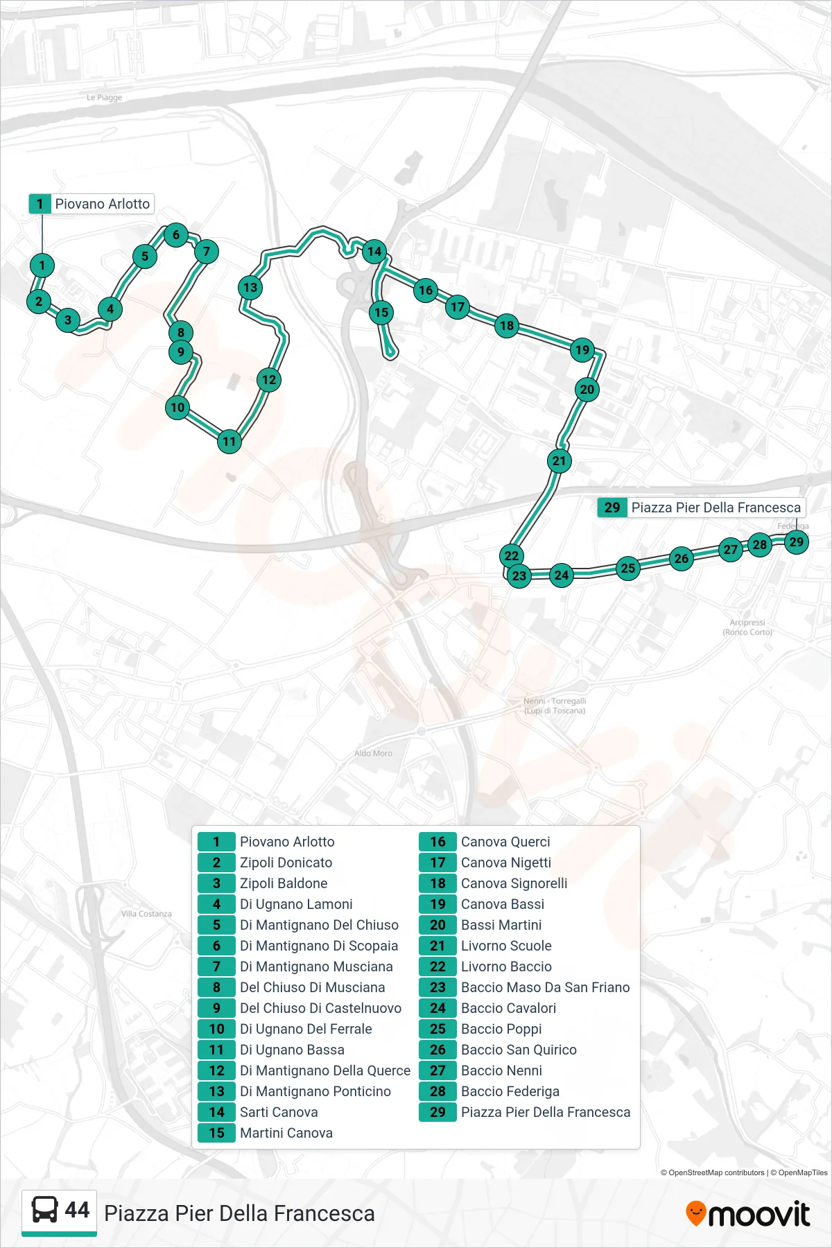 Linea 44  tram (Piazza Pier Della Francesca) - Percorsi e fermate sulla mappa
