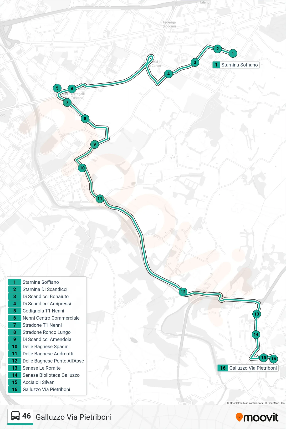 Linea 46 tram (Galluzzo Via Pietriboni) - Percorsi e fermate sulla mappa