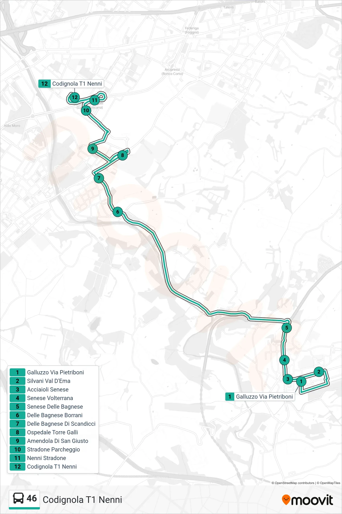 Linea 46 tram (Codignola T1 Nenni) - Percorsi e fermate sulla mappa