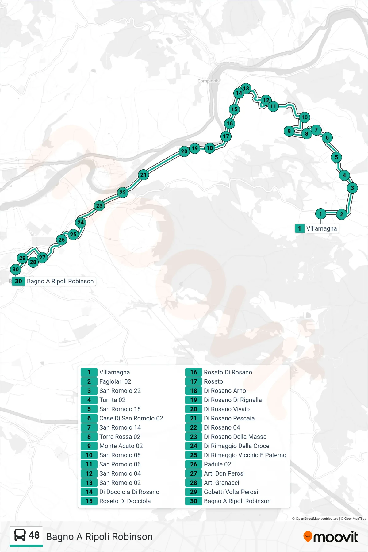 Linea 48 tram (Bagno A Ripoli Robinson) - Percorsi e fermate sulla mappa