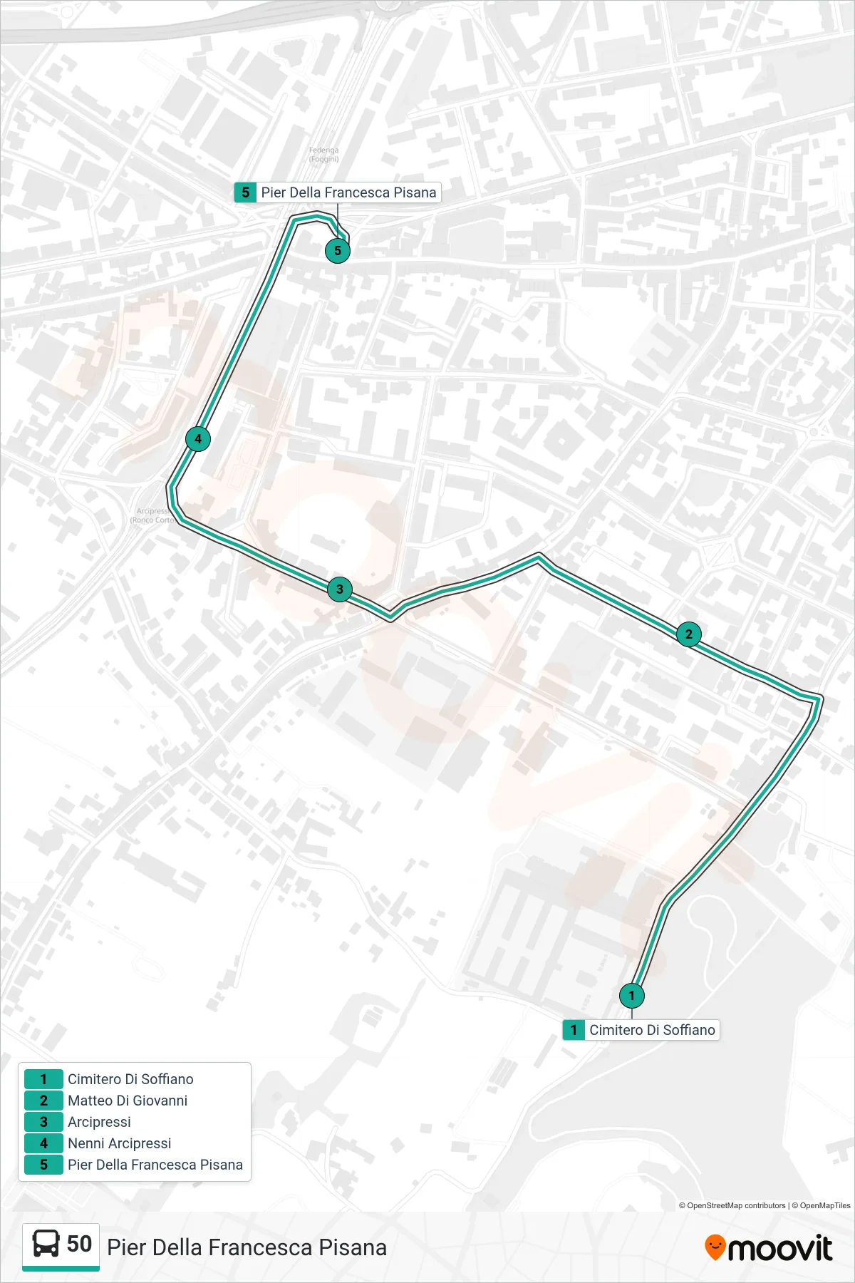 Linea 50 tram (Pier Della Francesca Pisana) - Percorsi e fermate sulla mappa