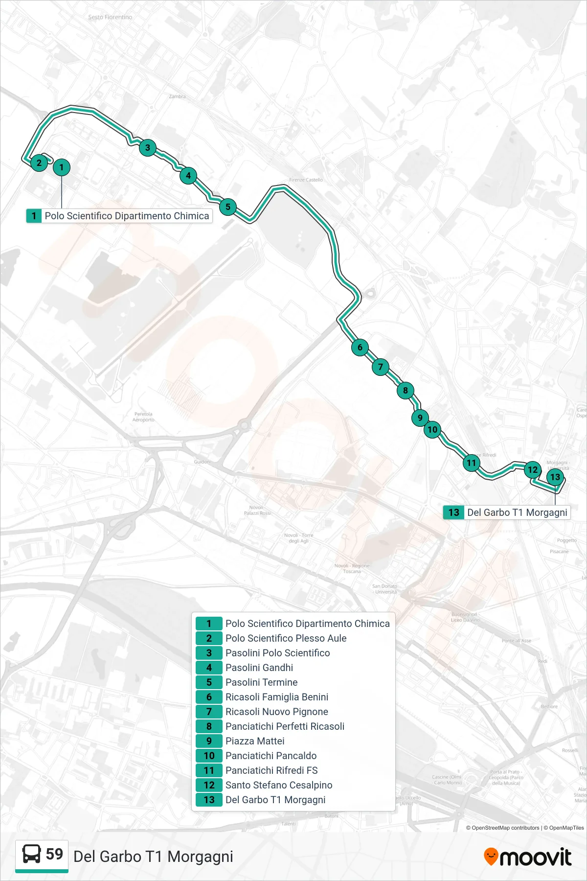 Linea 59 tram (Del Garbo T1 Morgagni) - Percorsi e fermate sulla mappa