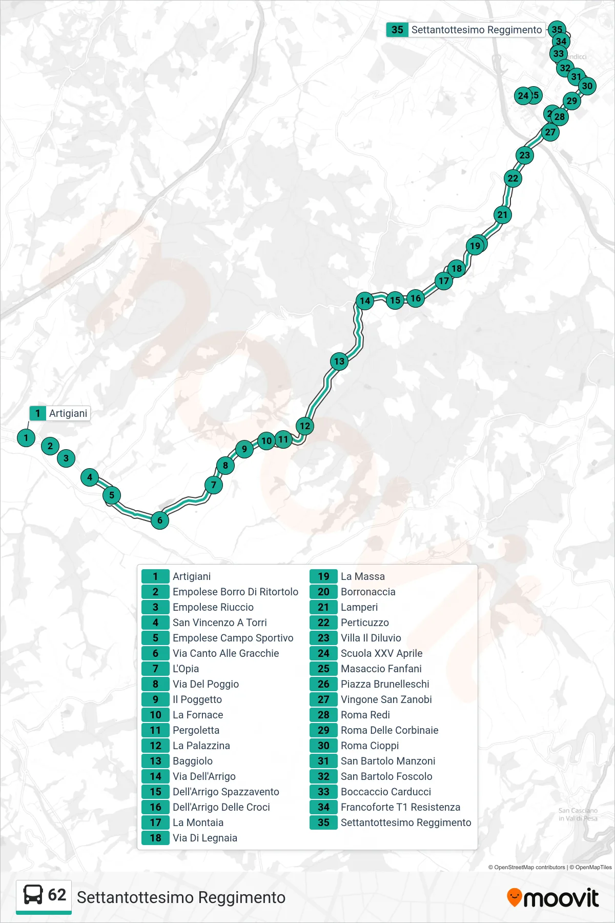 Linea 62 tram (Settantottesimo Reggimento) - Percorsi e fermate sulla mappa