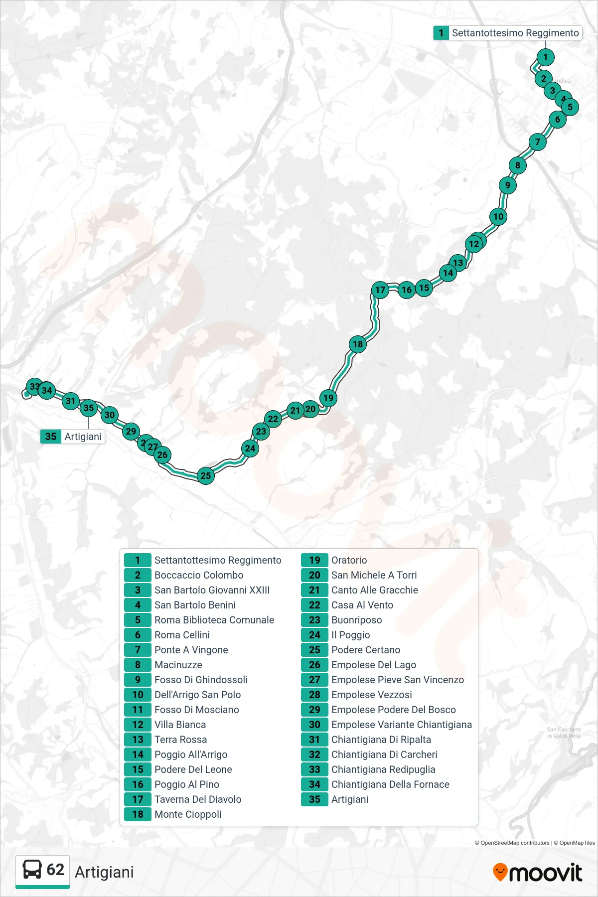 Linea 62 tram (Artigiani) - Percorsi e fermate sulla mappa