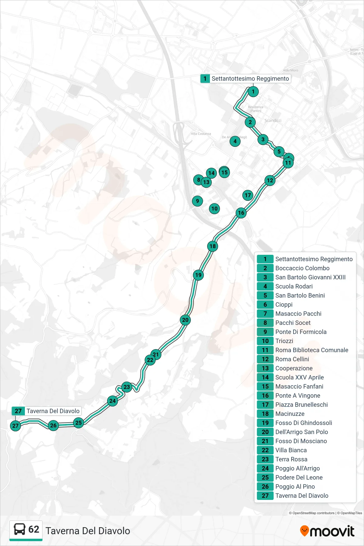 Linea 62 tram (Taverna Del Diavolo) - Percorsi e fermate sulla mappa