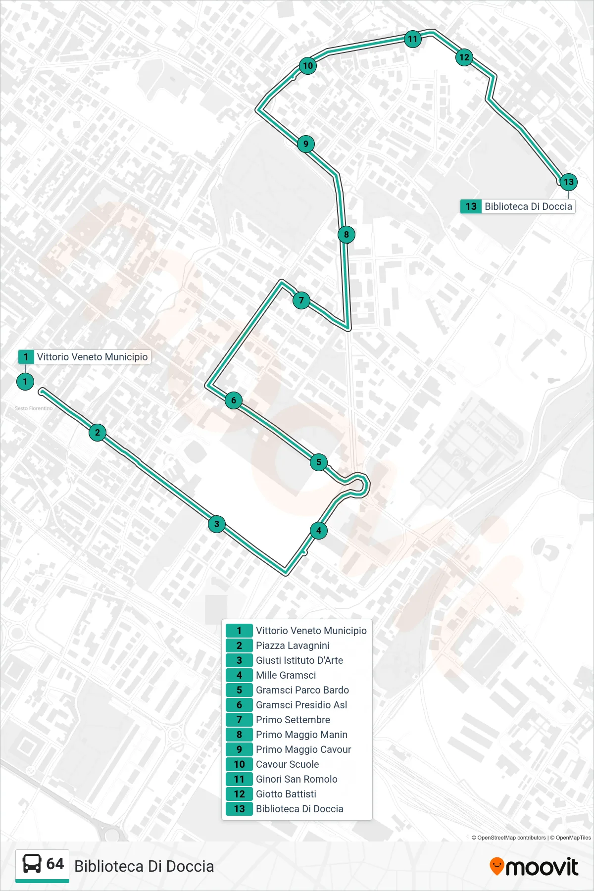 Linea 64 tram (Biblioteca Di Doccia) - Percorsi e fermate sulla mappa