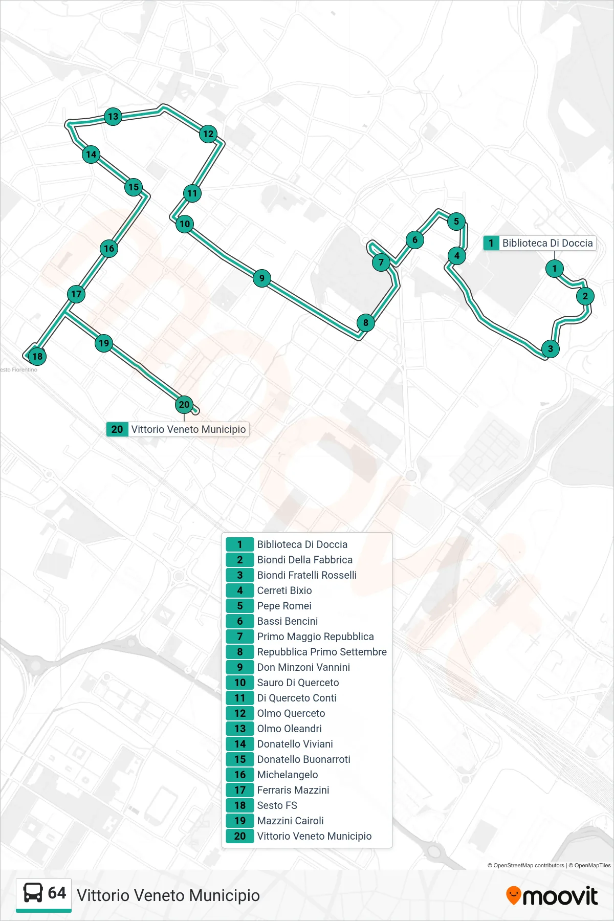 Linea 64  tram (Vittorio Veneto Municipio) - Percorsi e fermate sulla mappa