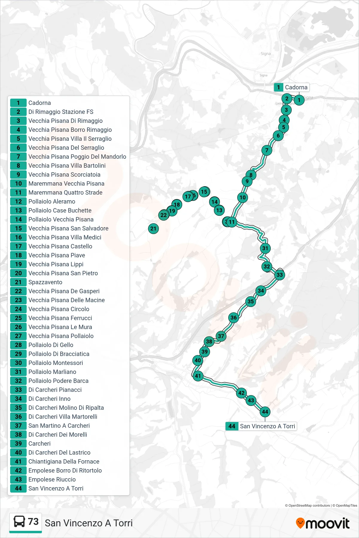 Linea 73 tram (San Vincenzo A Torri) - Percorsi e fermate sulla mappa