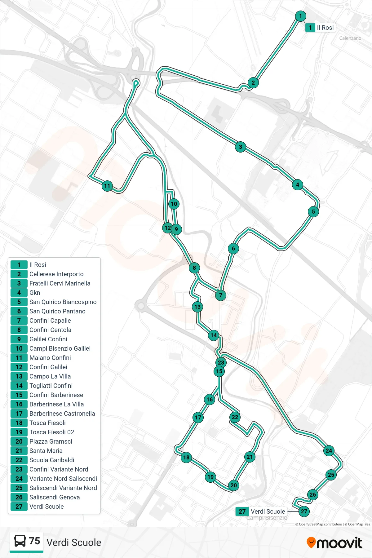 Linea 75  tram (Verdi Scuole) - Percorsi e fermate sulla mappa