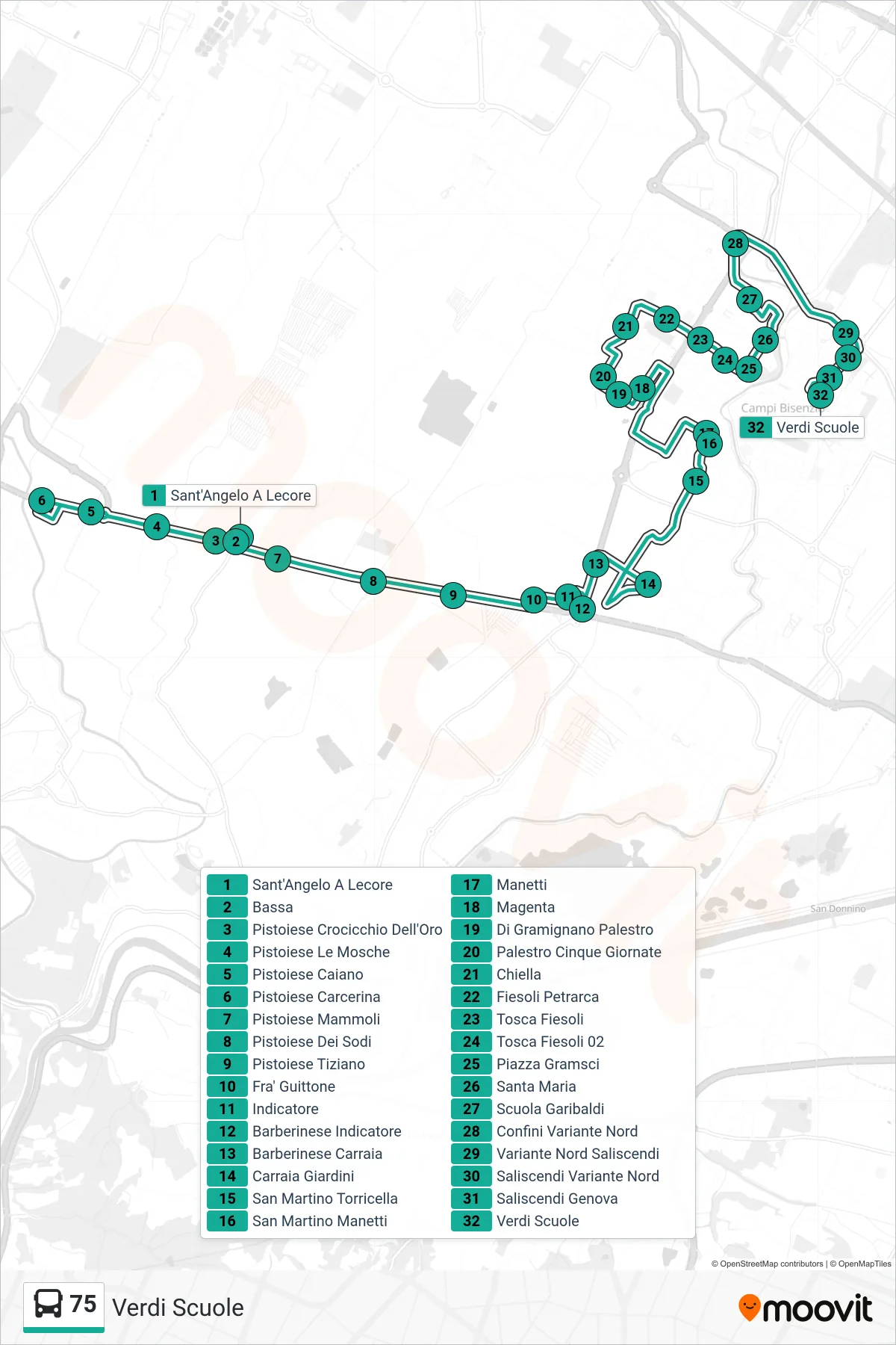 Linea 75 tram (Verdi Scuole) - Percorsi e fermate sulla mappa