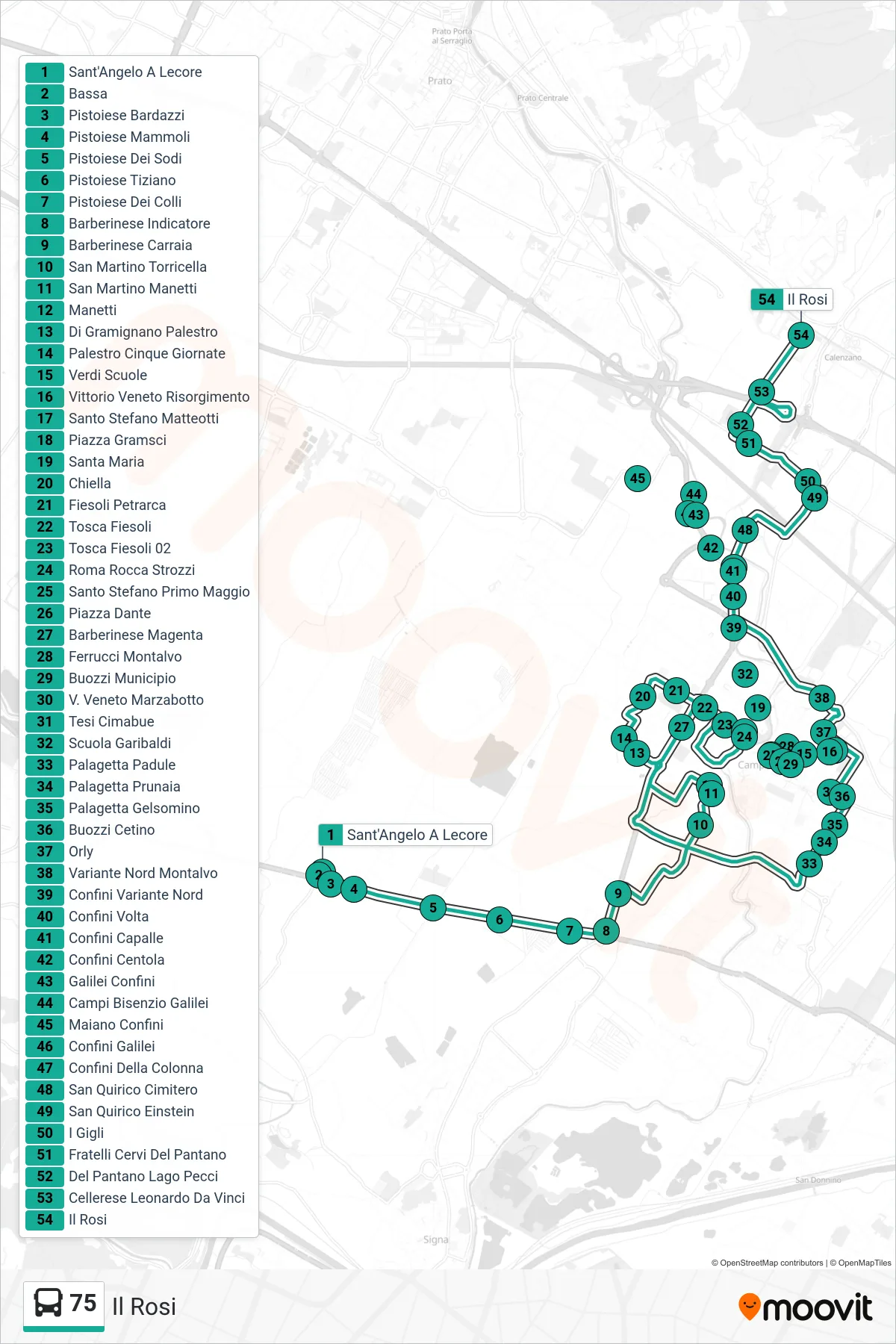 Linea 75  tram (Il Rosi) - Percorsi e fermate sulla mappa