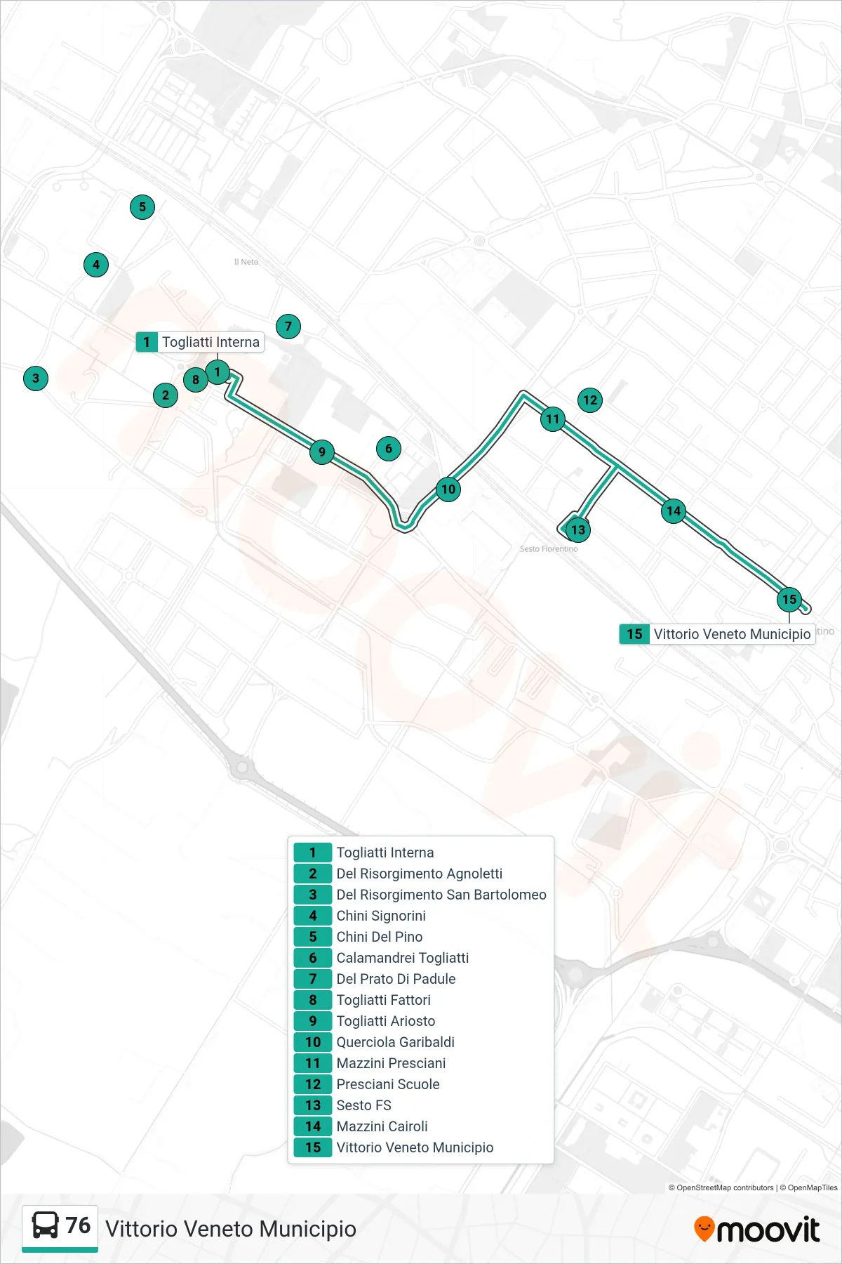 Linea 76 tram (Vittorio Veneto Municipio) - Percorsi e fermate sulla mappa
