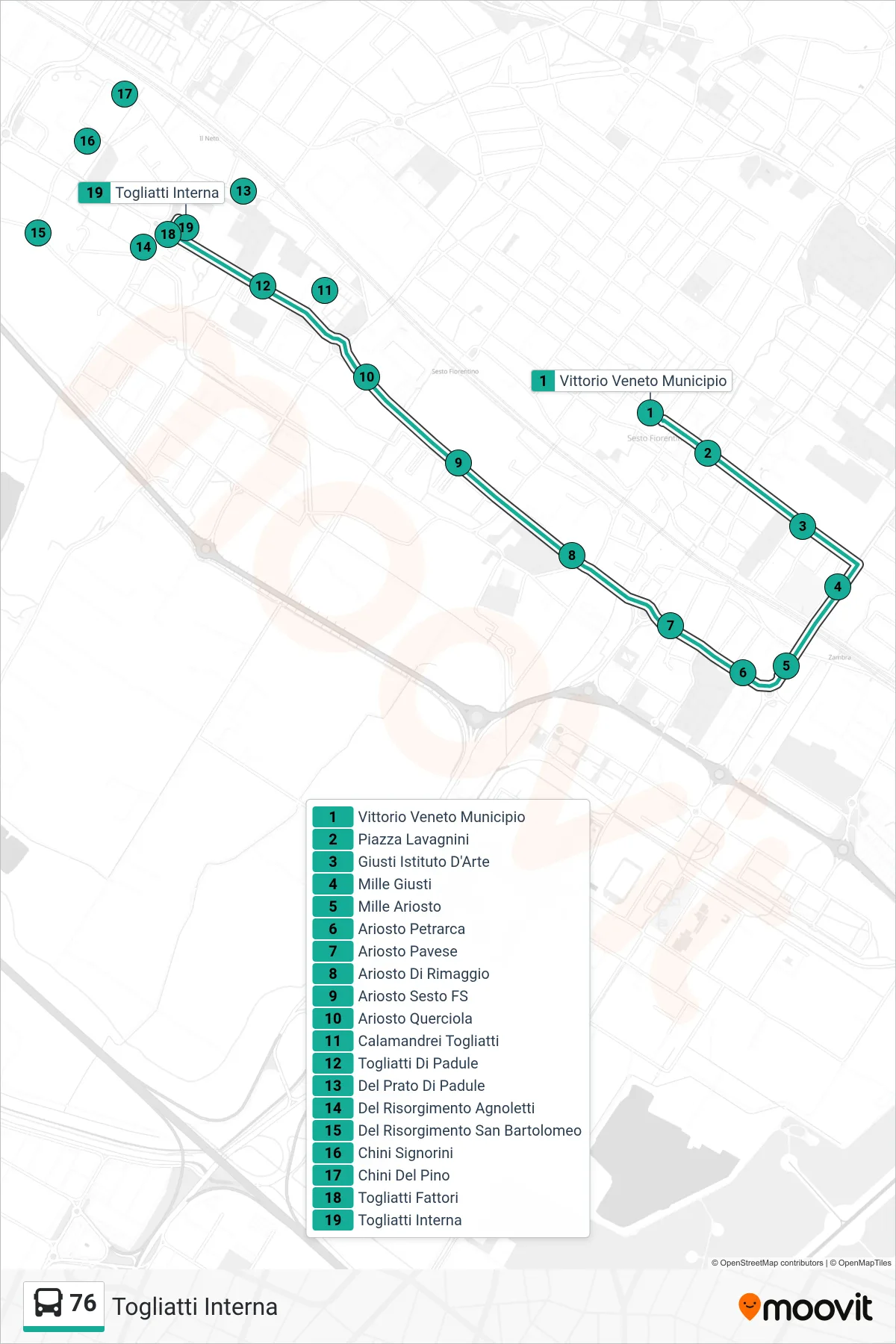 Linea 76  tram (Togliatti Interna) - Percorsi e fermate sulla mappa
