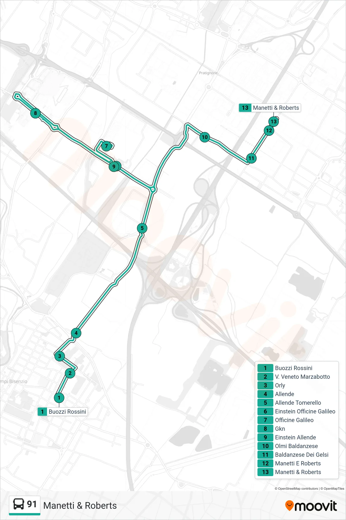 Linea 91 tram (Manetti & Roberts) - Percorsi e fermate sulla mappa