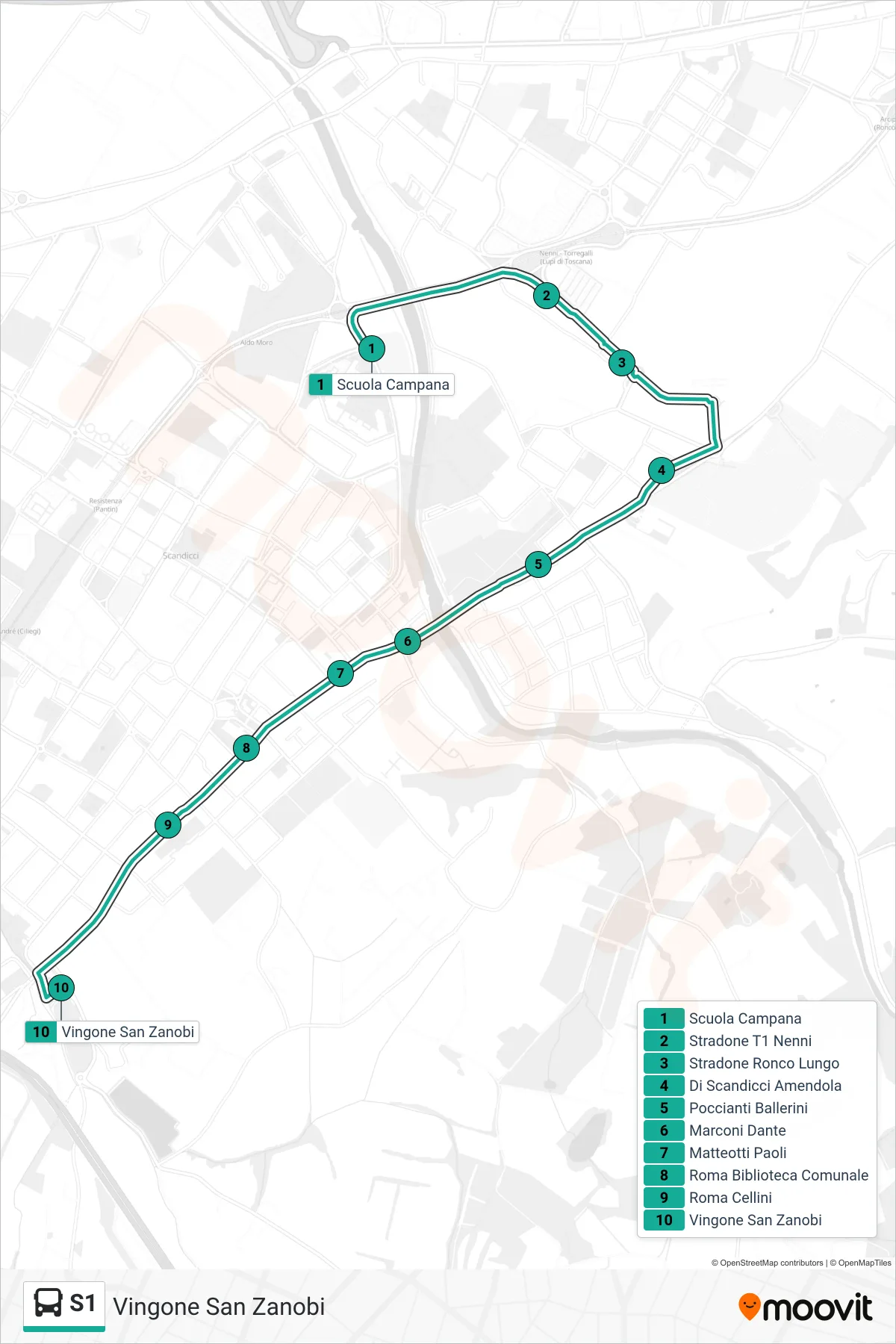 Linea S1 tram (Vingone San Zanobi) - Percorsi e fermate sulla mappa