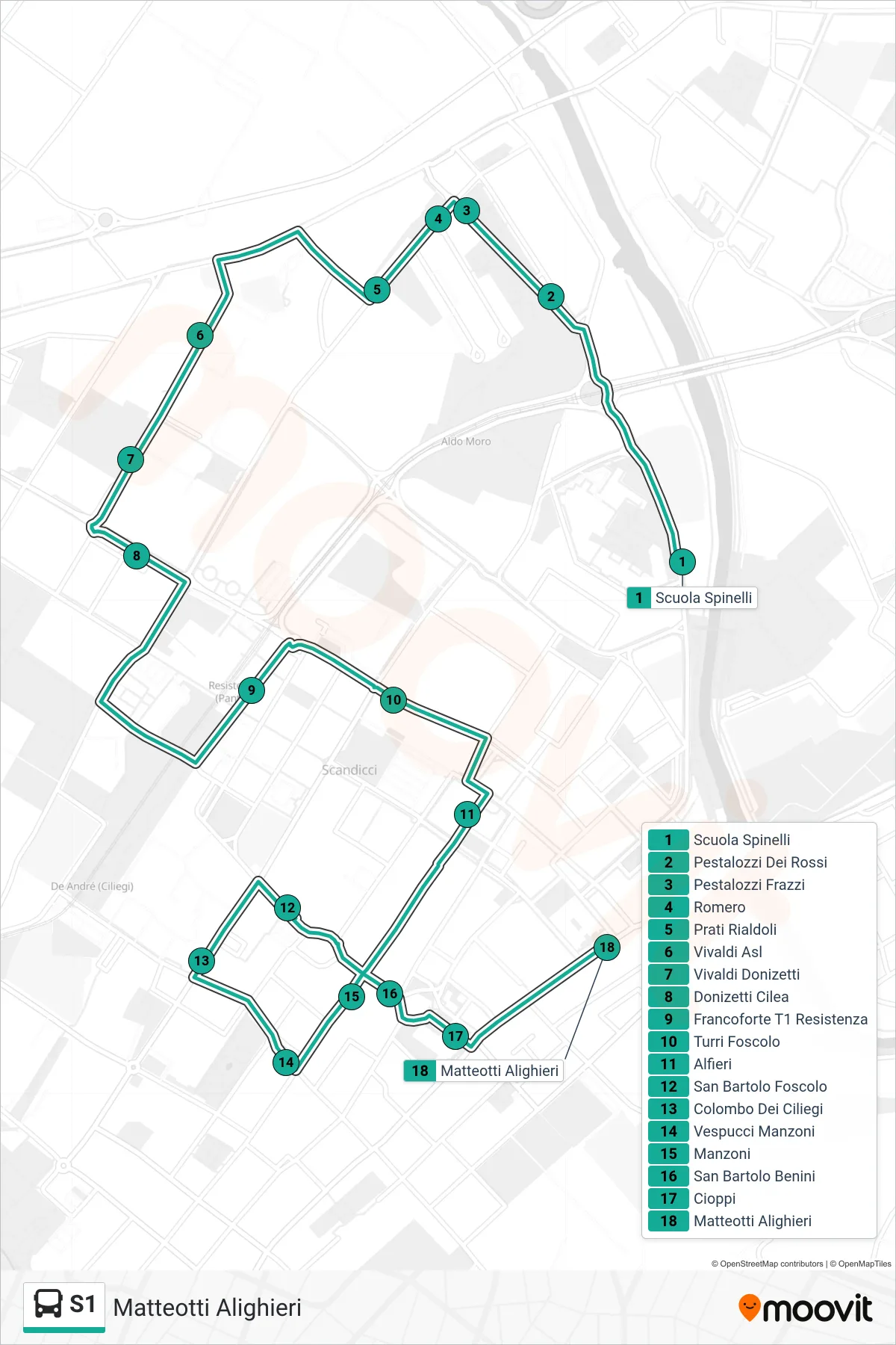 Linea S1 tram (Matteotti Alighieri) - Percorsi e fermate sulla mappa
