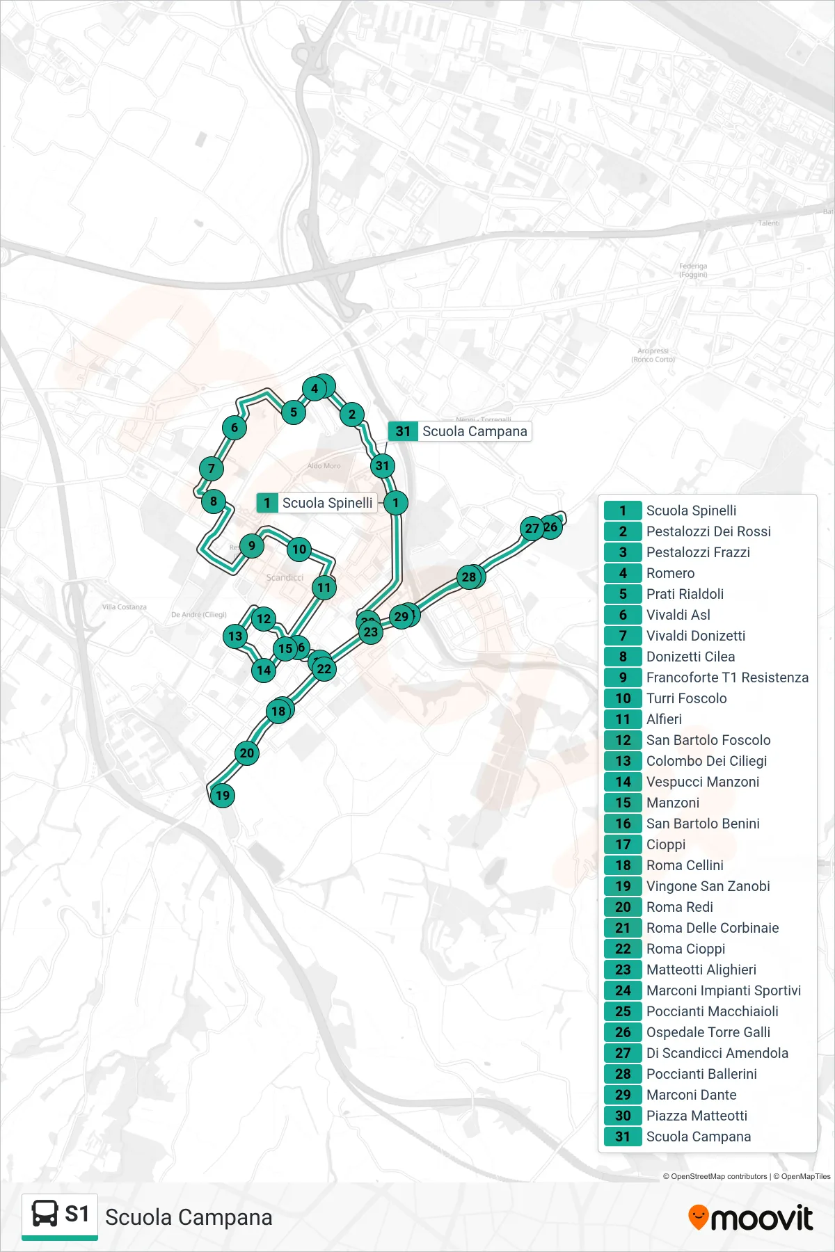 Linea S1 tram (Scuola Campana) - Percorsi e fermate sulla mappa