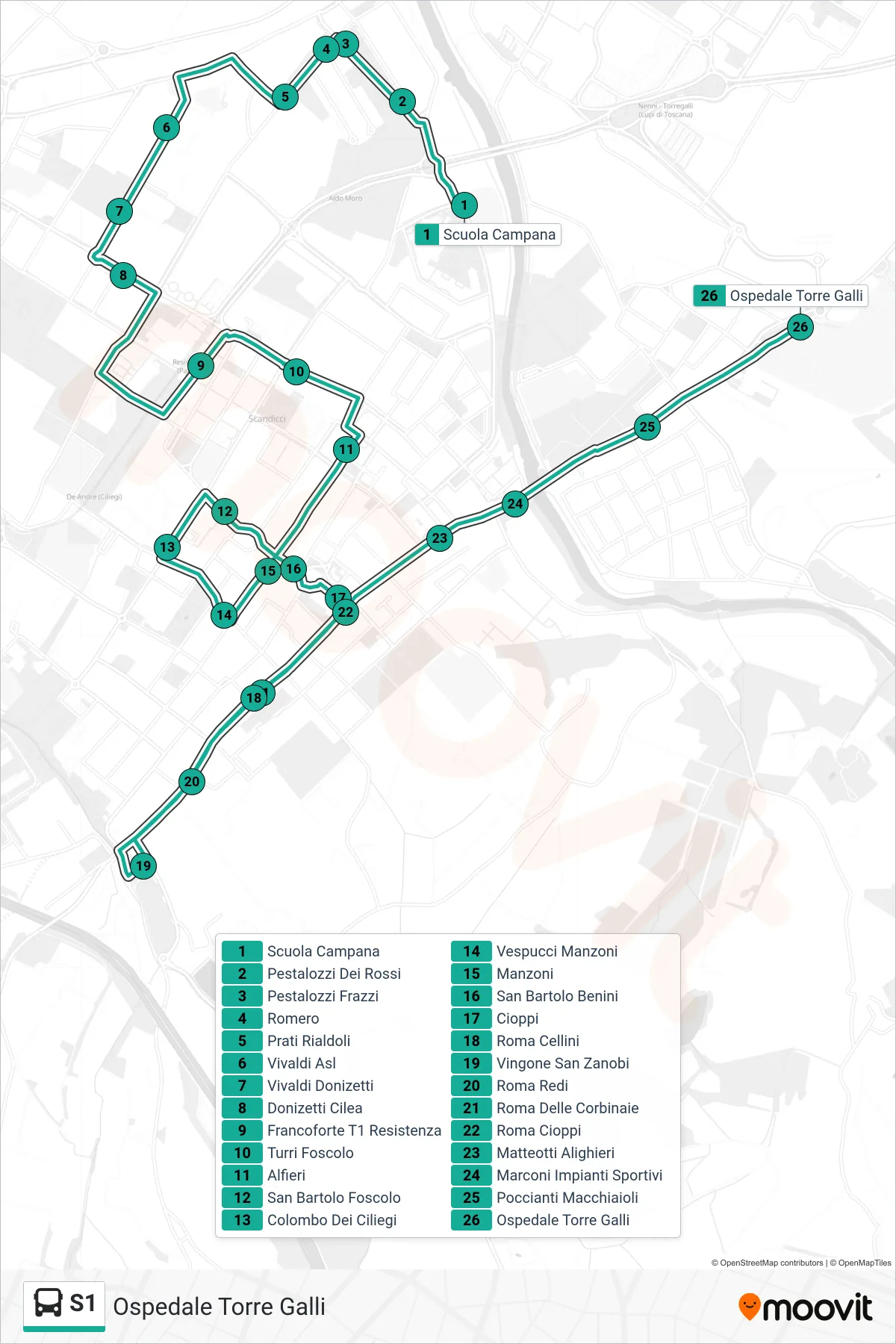 Linea S1 tram (Ospedale Torre Galli) - Percorsi e fermate sulla mappa
