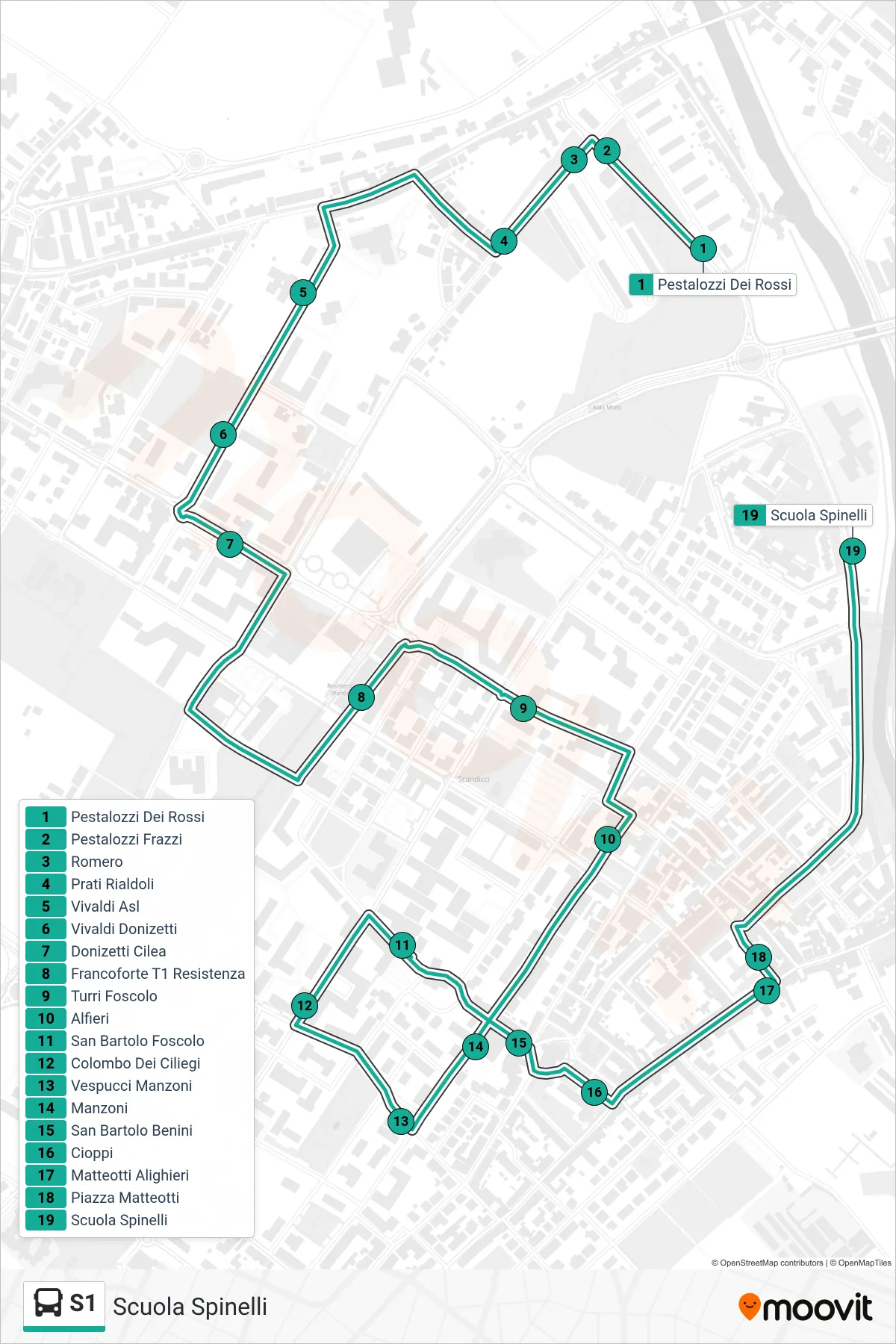 Linea S1 tram (Scuola Spinelli) - Percorsi e fermate sulla mappa