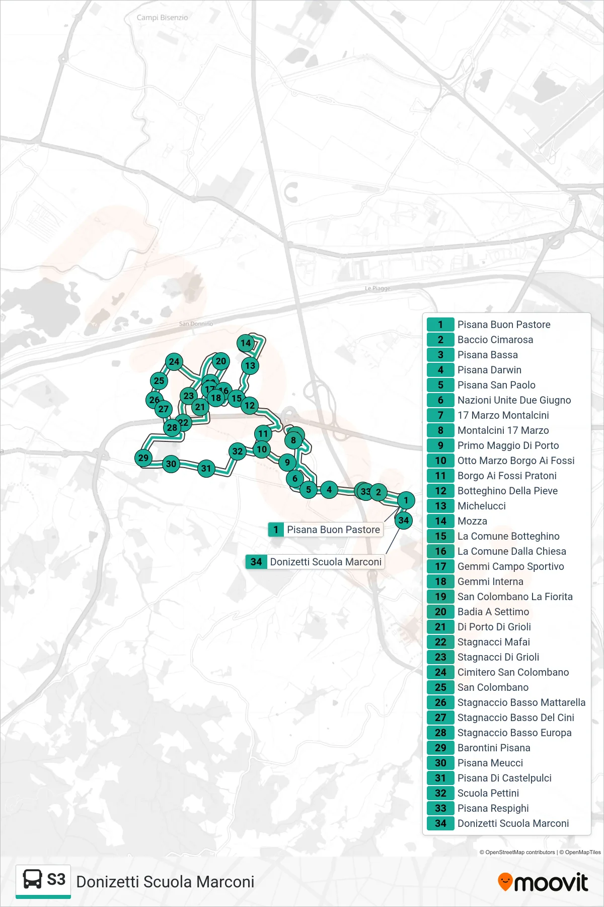 Linea S3 tram (Donizetti Scuola Marconi) - Percorsi e fermate sulla mappa