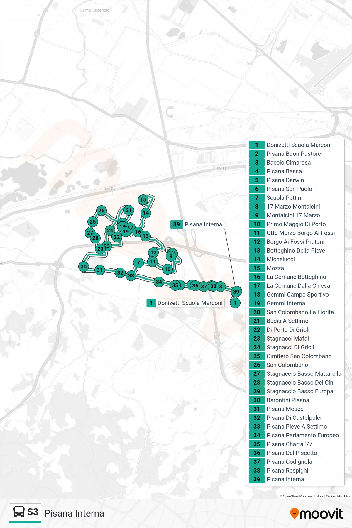 Linea S3 tram (Pisana Interna) - Percorsi e fermate sulla mappa