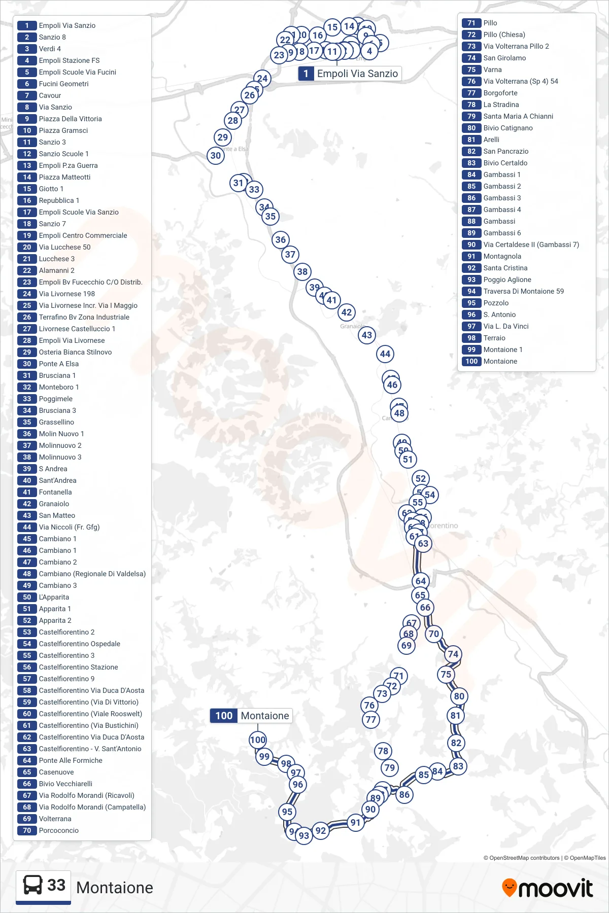 Linea 33 bus (Montaione) - Percorsi e fermate sulla mappa