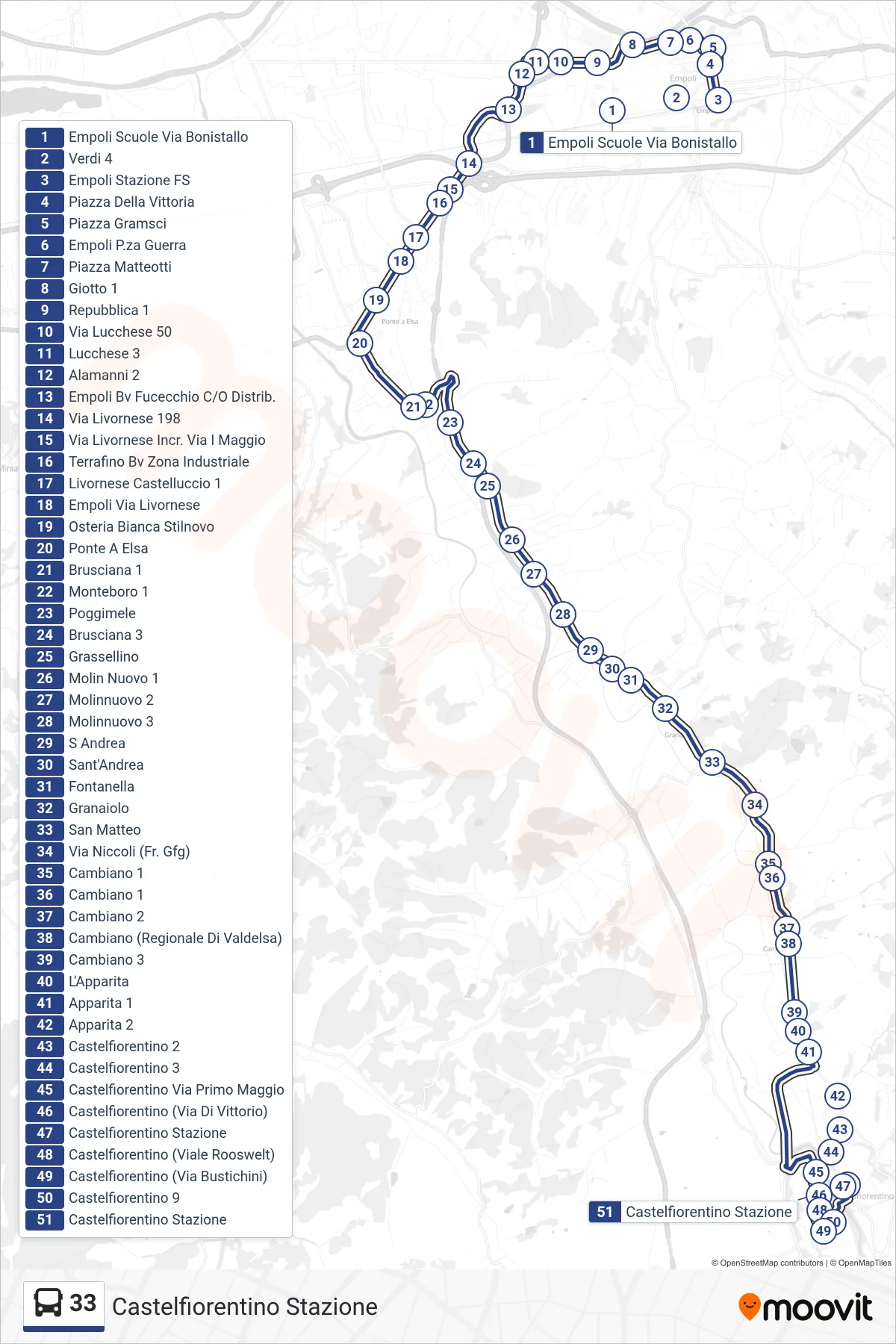 Linea 33 bus (Castelfiorentino Stazione) - Percorsi e fermate sulla mappa