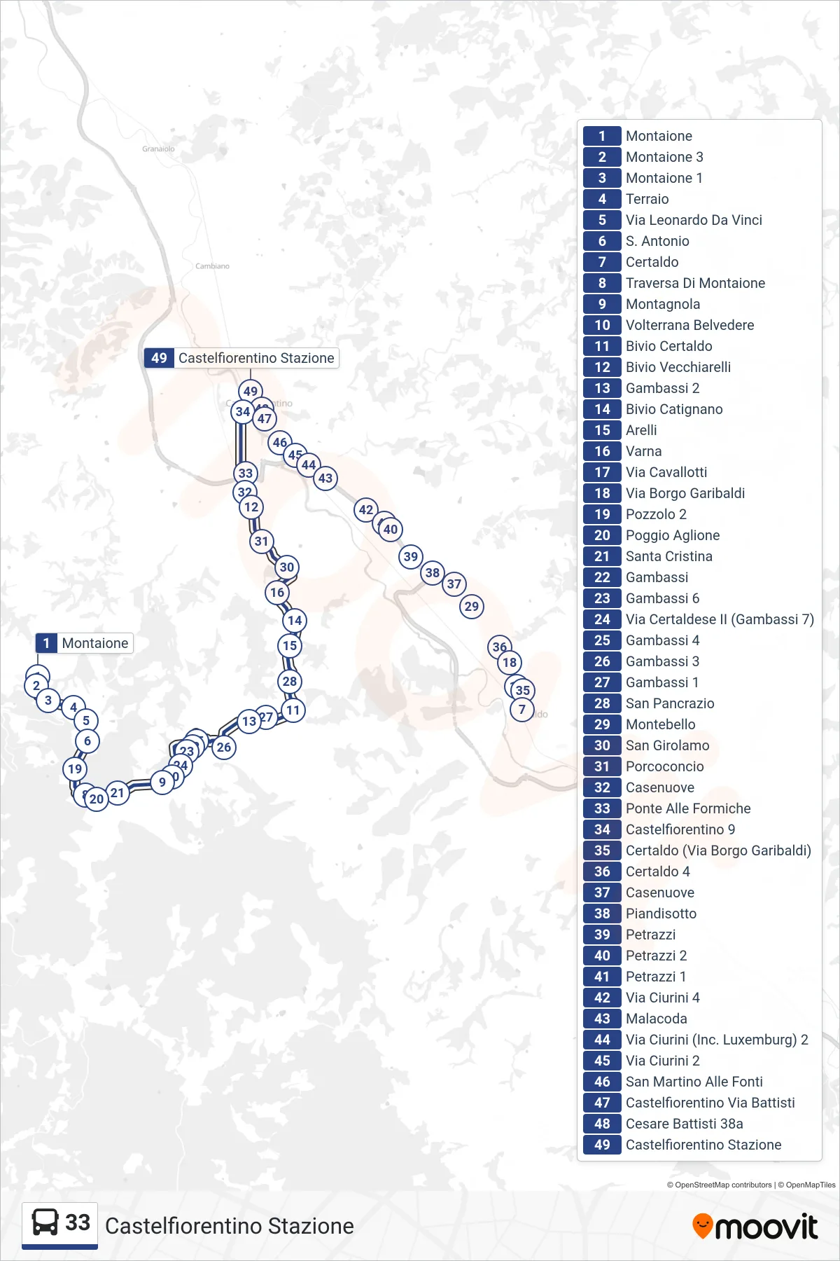 Linea 33  bus (Castelfiorentino Stazione) - Percorsi e fermate sulla mappa