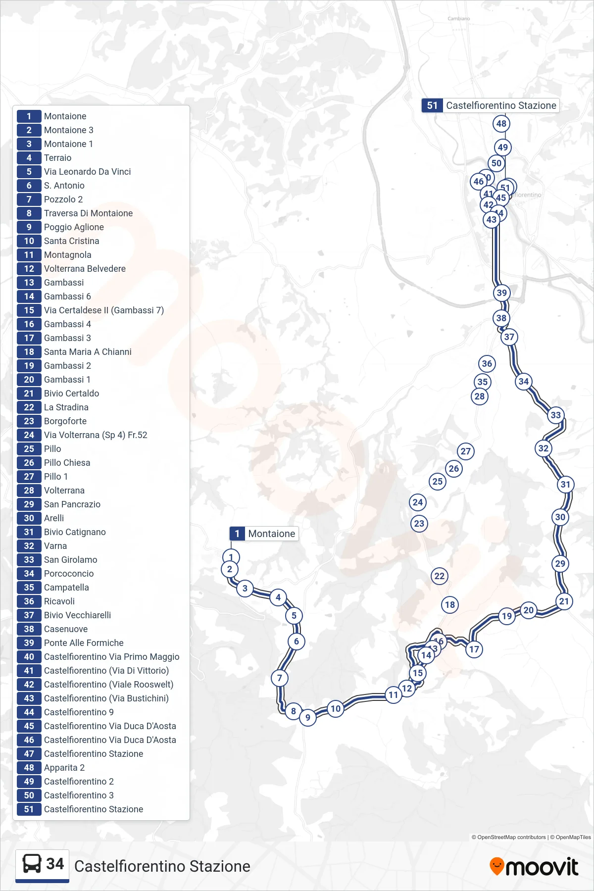 Linea 34  bus (Castelfiorentino Stazione) - Percorsi e fermate sulla mappa