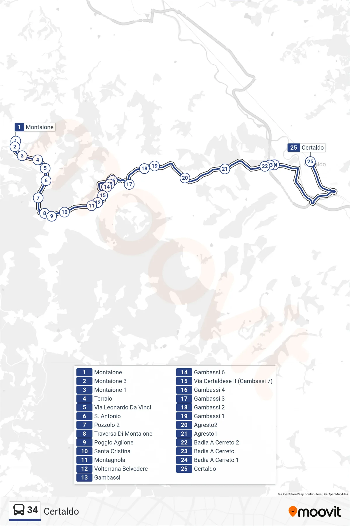 Linea 34 bus (Certaldo) - Percorsi e fermate sulla mappa