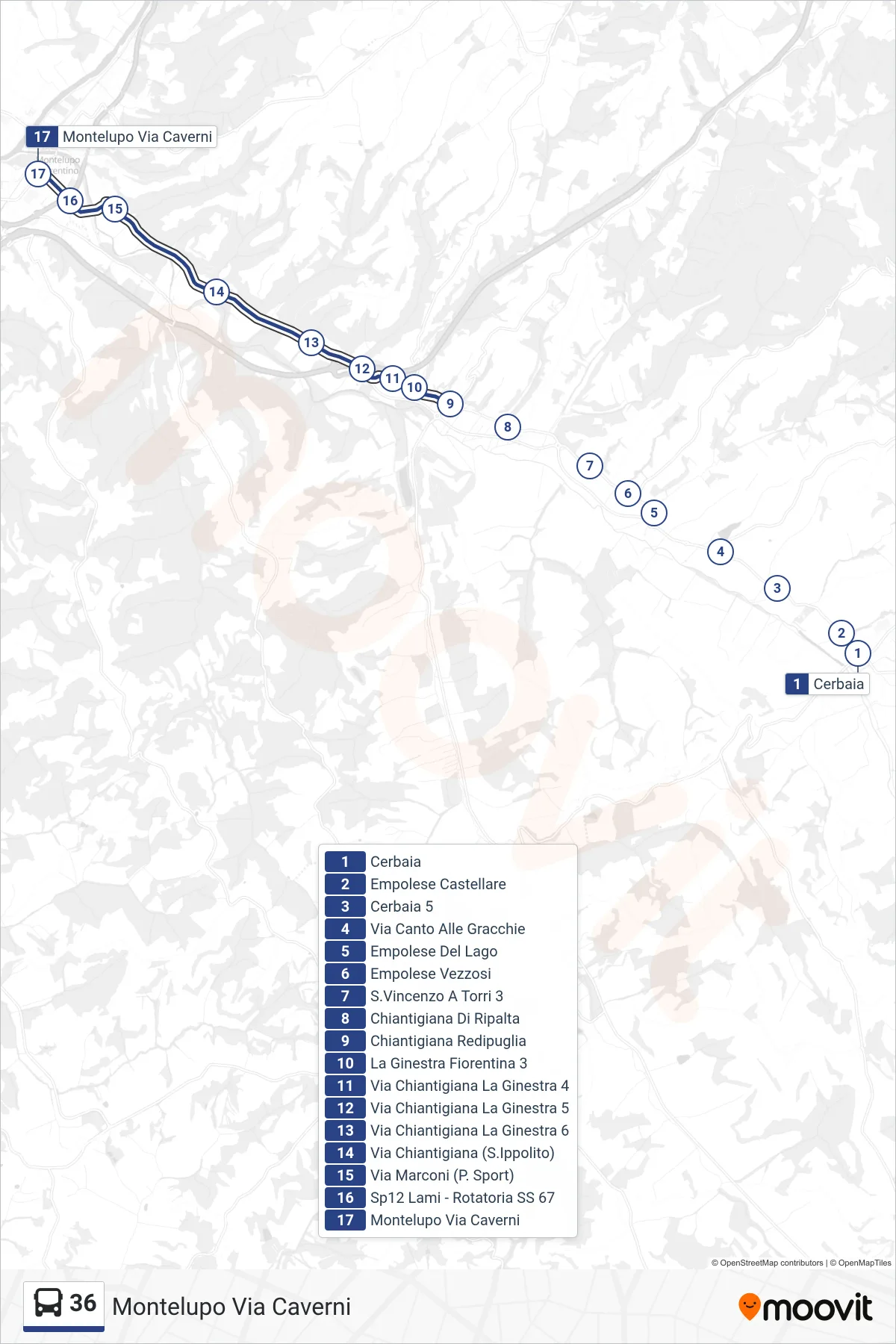 Linea 36  bus (Montelupo Via Caverni) - Percorsi e fermate sulla mappa